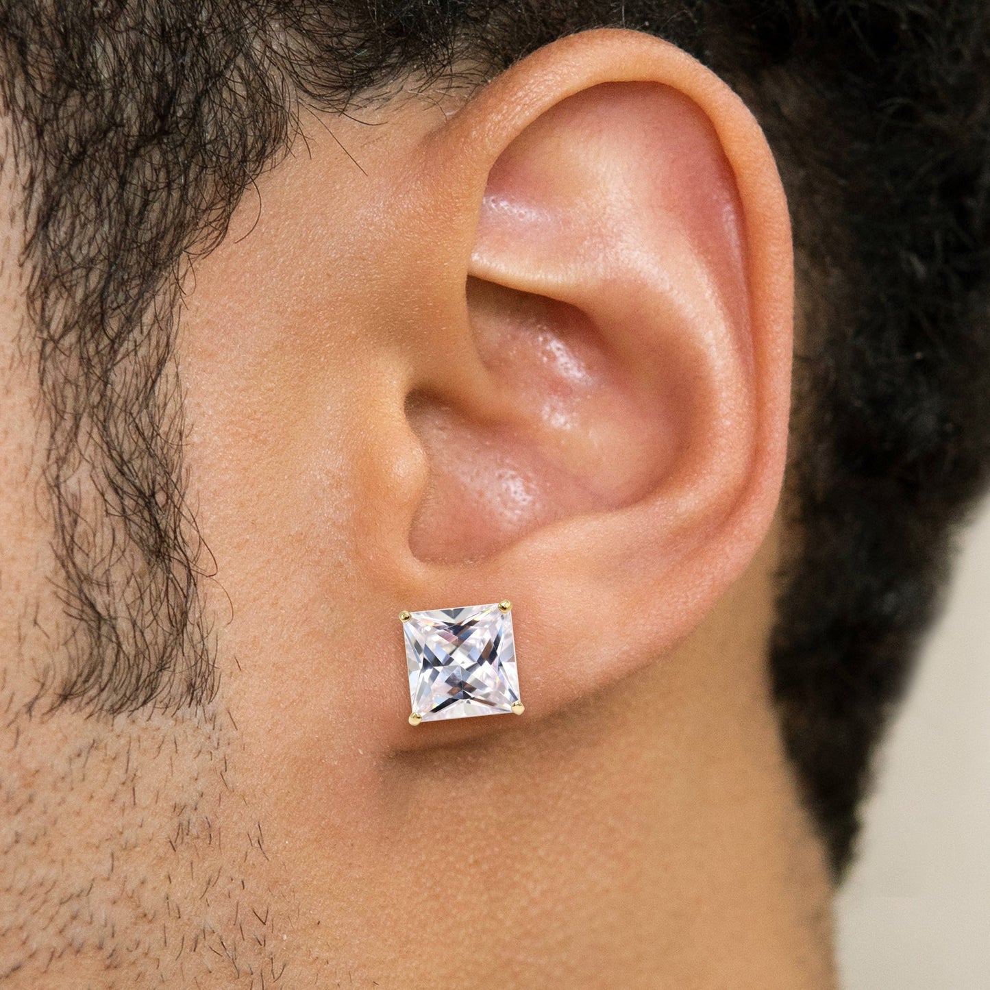 Mens Jewelry - Gold Push Backing Square Iced Out VVS Stud Earrings for Men