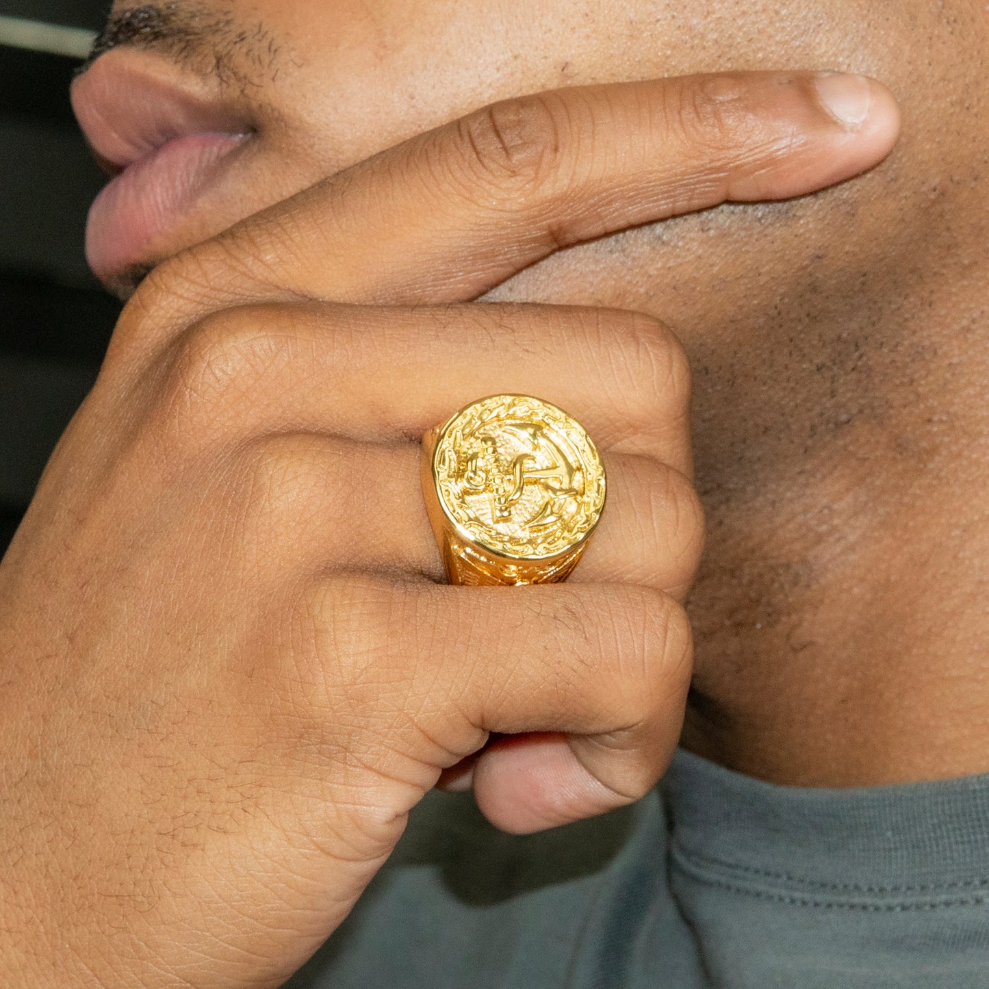 Mens Jewelry - Round Anchor Gold Pinky Ring | 20 Grams