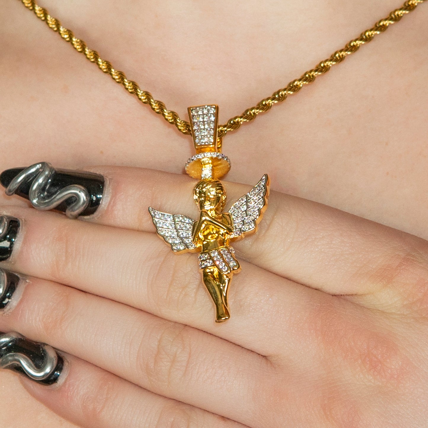 Womens Jewelry - Gold Iced Out VVS Angel Necklace | Appx. 16.3 Grams