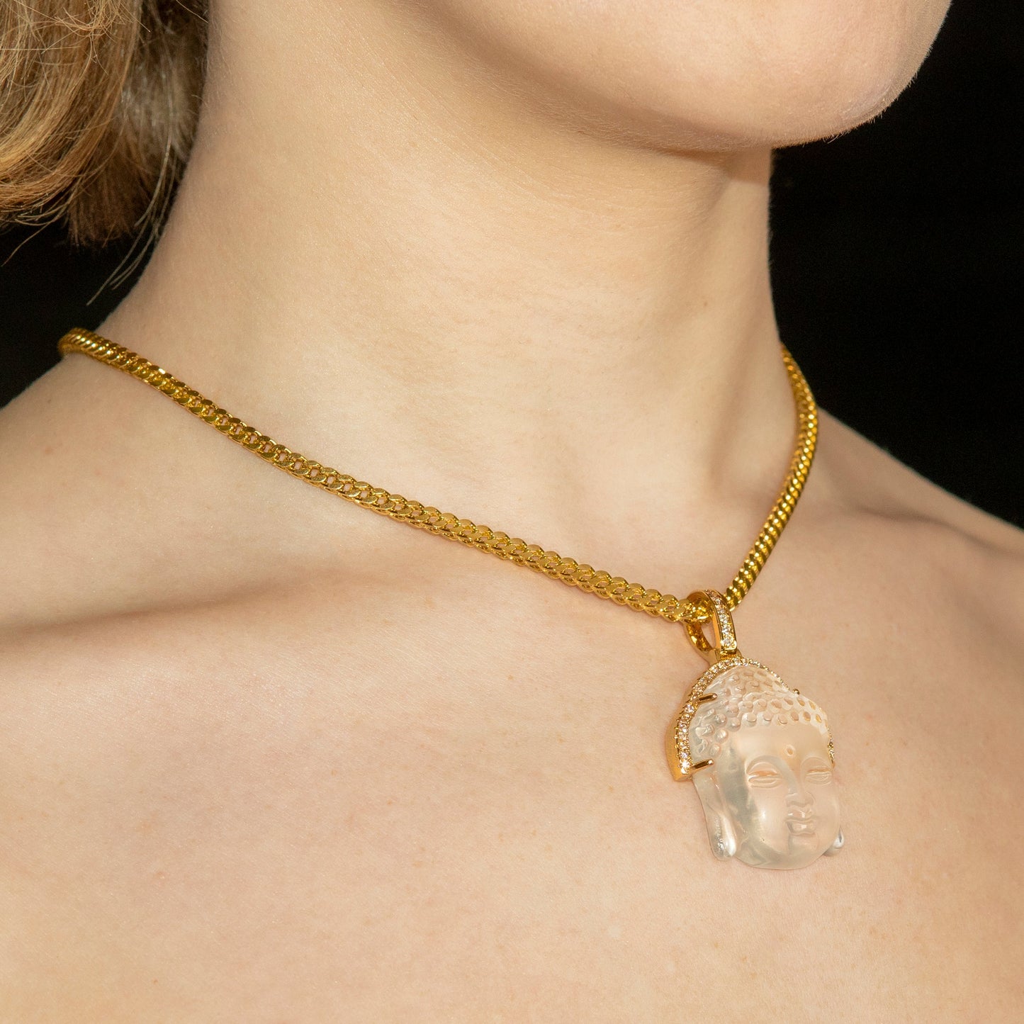 Womens Jewelry - Gold Iced Out VVS Buddha Necklace | Appx. 24.5 Grams