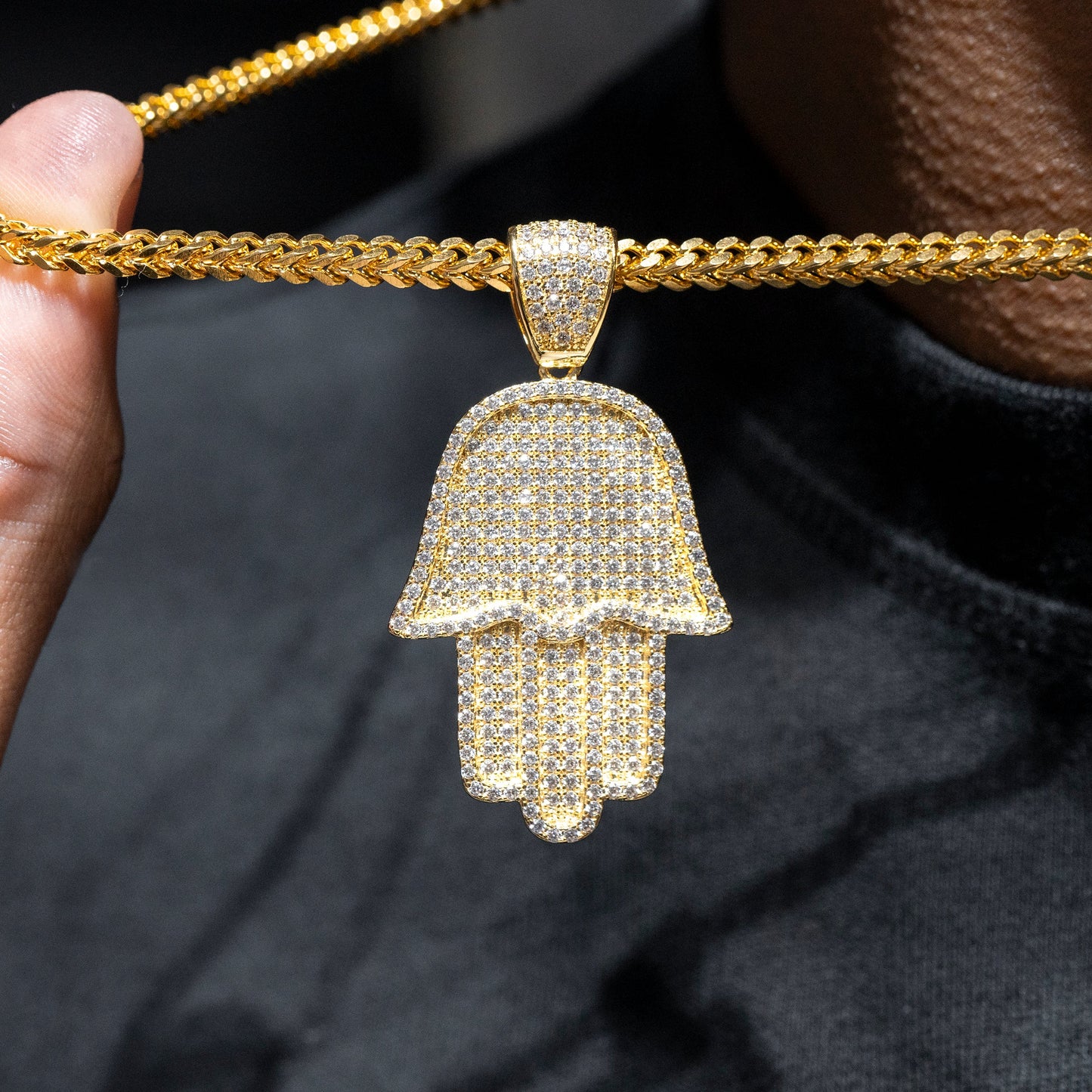 Mens Jewelry - Gold Iced Out VVS Hamsa Necklace | Appx. 16 Grams