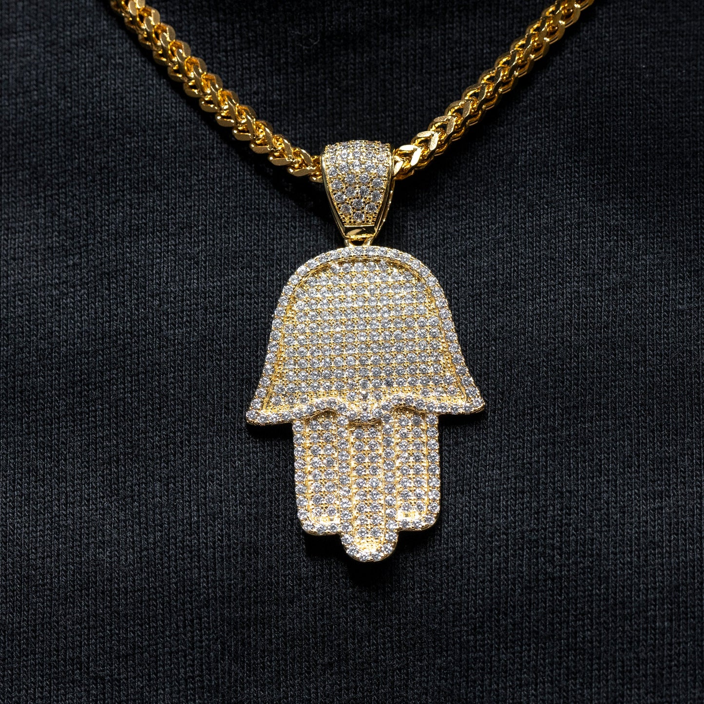 Mens Jewelry - Gold Iced Out VVS Hamsa Necklace | Appx. 16 Grams