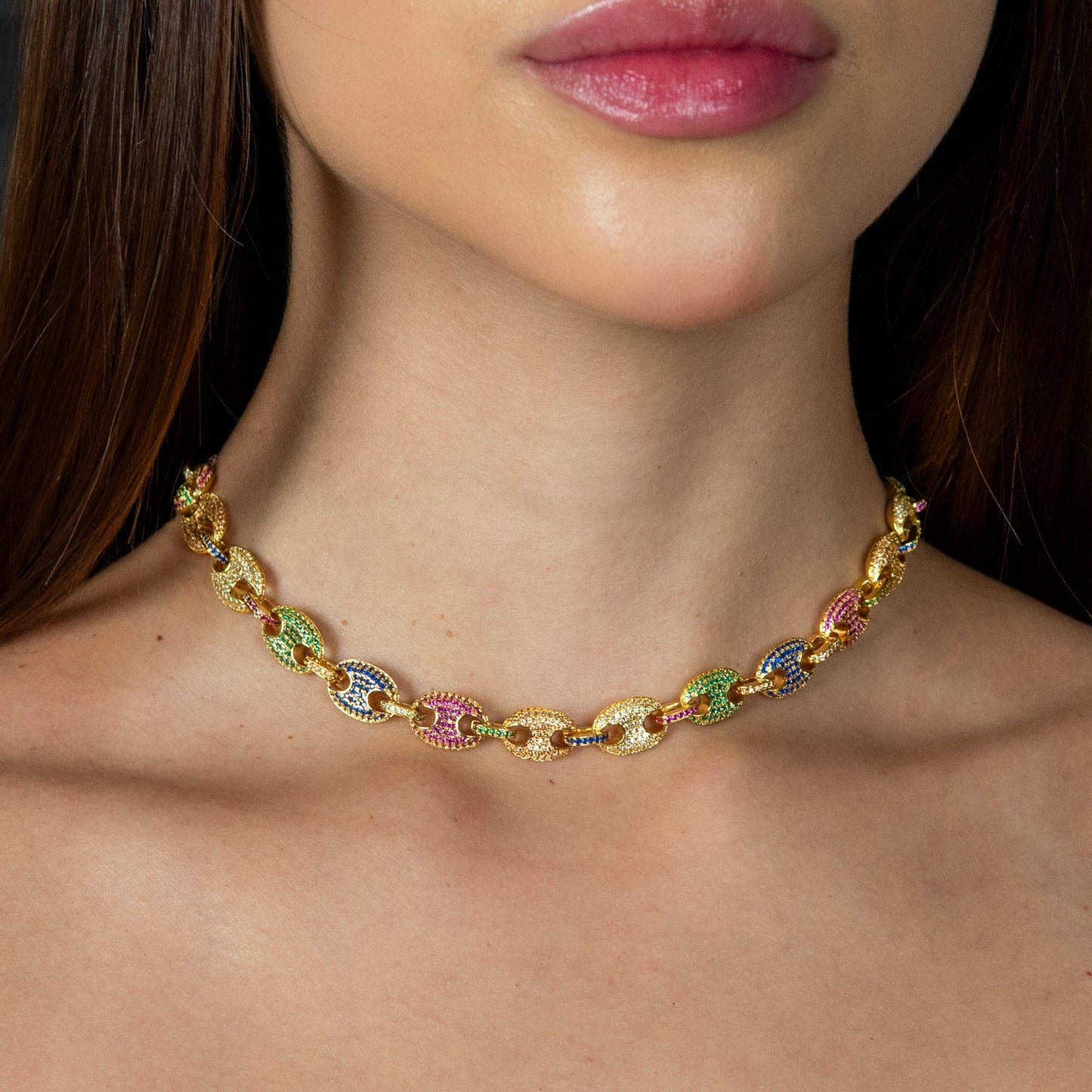 Gold Jewelry - Women 14K Gold Iced Out VVS Rainbow Puff Link Chain