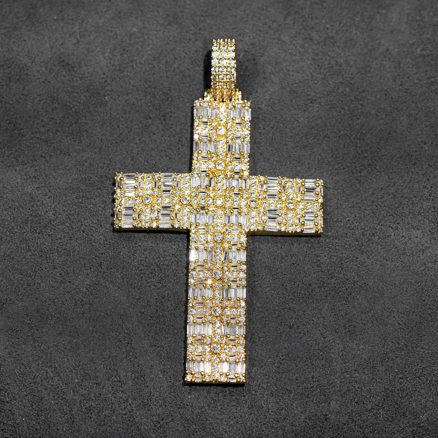 Mens Jewelry - Gold Iced Out VVS Baguette Cross Necklace | Appx. 18.6 Grams
