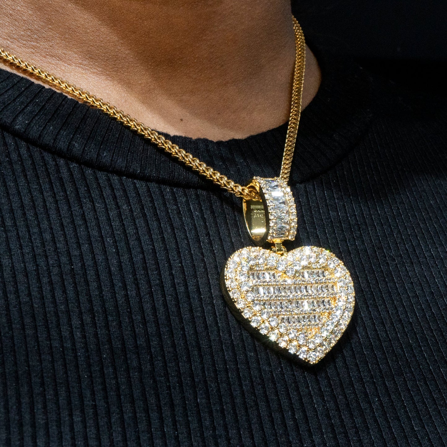 Womens Jewelry - 14K Gold Iced Out VVS Baguette Heart Necklace | Appx. 38 Grams