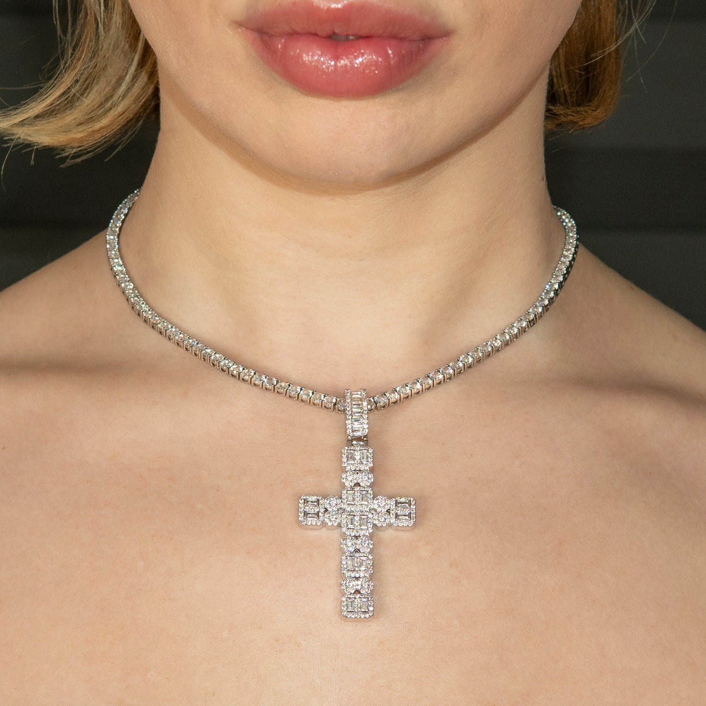 Womens Jewelry - Gold Iced Out VVS Baguette Cross Necklace | Appx. 20.3 Grams