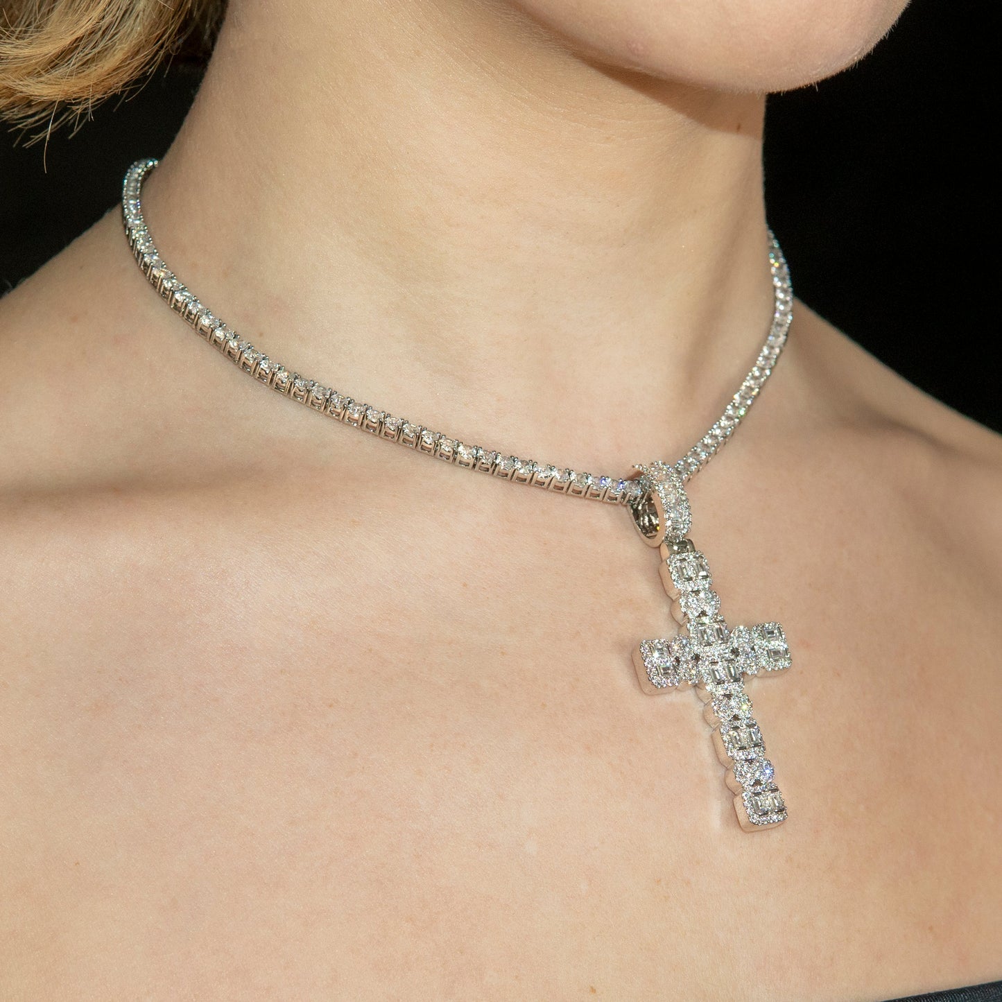 Womens Jewelry - Gold Iced Out VVS Baguette Cross Necklace | Appx. 20.3 Grams