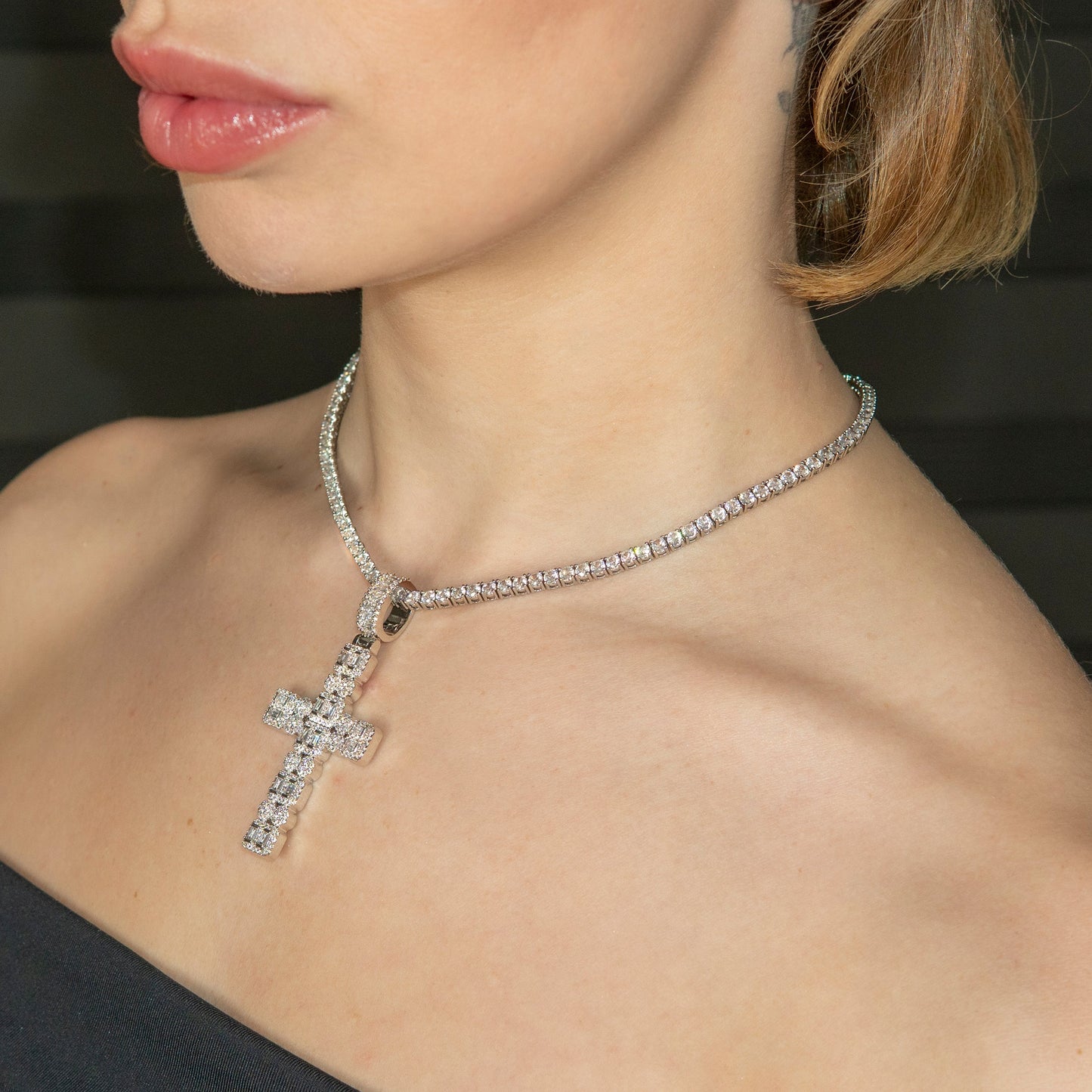 Womens Jewelry - Gold Iced Out VVS Baguette Cross Necklace | Appx. 20.3 Grams