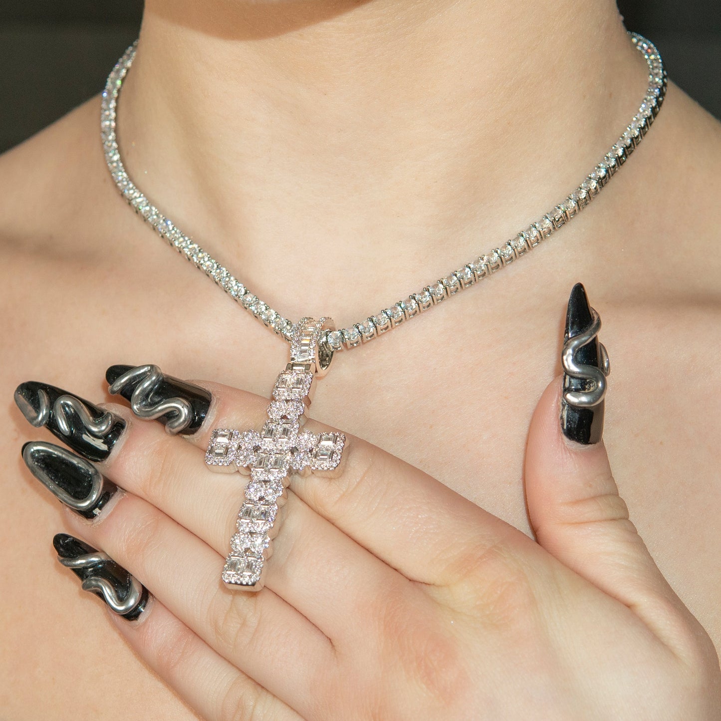 Womens Jewelry - Gold Iced Out VVS Baguette Cross Necklace | Appx. 20.3 Grams