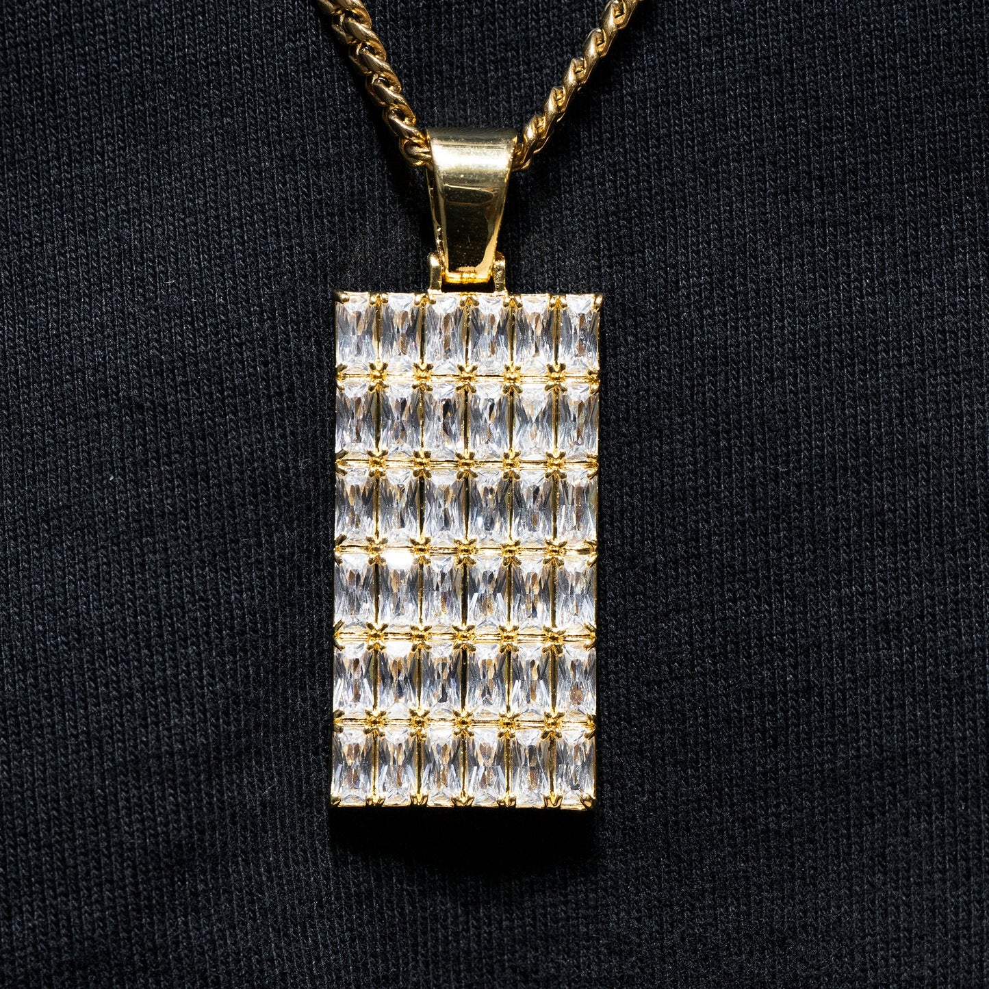 Mens Jewelry - Gold Iced Out VVS Baguette Dog Tag Necklace | Appx. 13.5 Grams