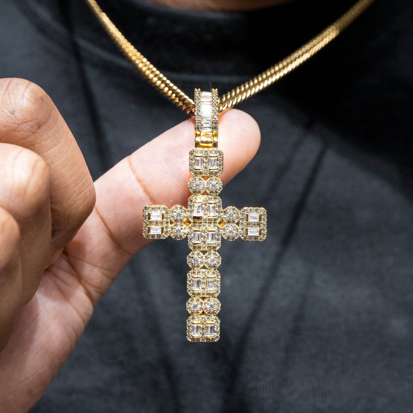 Mens Jewelry - Gold Iced Out VVS Baguette Cross Necklace | Appx. 20.3 Grams