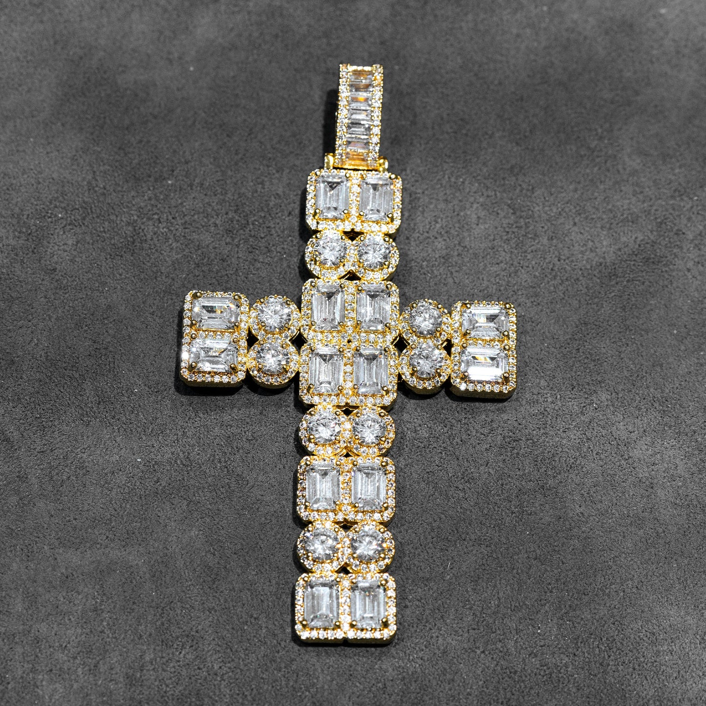 Mens Jewelry - Gold Iced Out VVS Emerald Cluster Cross Necklace | Appx. 38 Grams