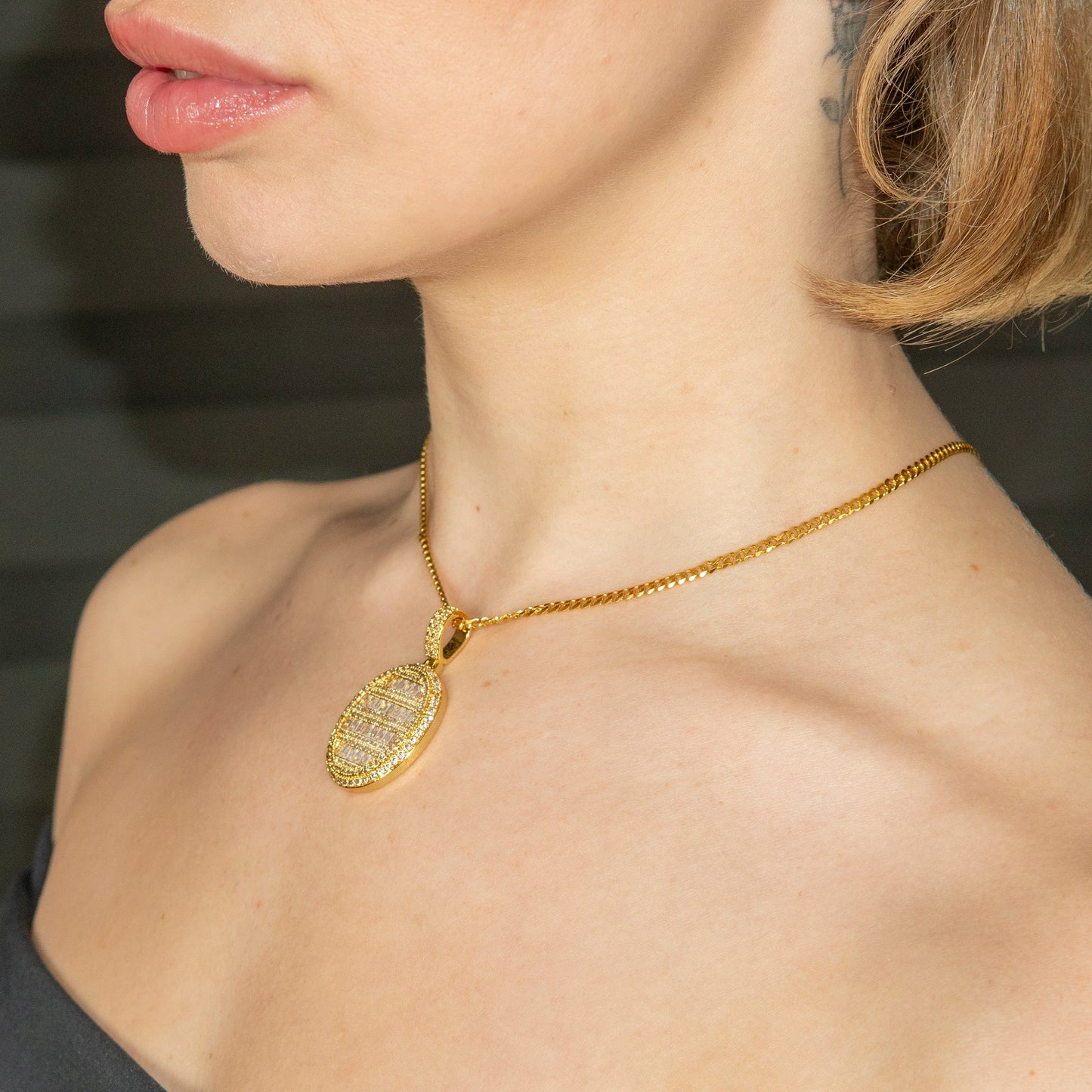 Womens Jewelry - Gold Iced Out VVS Oval Baguette Dog Tag Necklace | Appx. 17.4 Grams