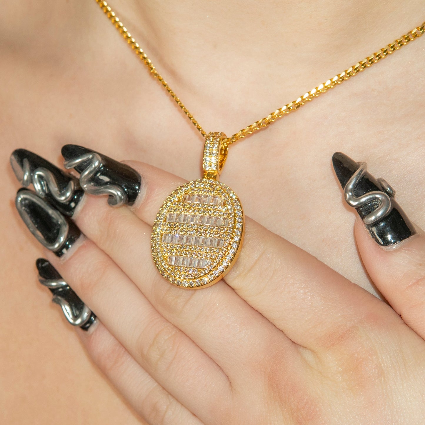 Womens Jewelry - Gold Iced Out VVS Oval Baguette Dog Tag Necklace | Appx. 17.4 Grams