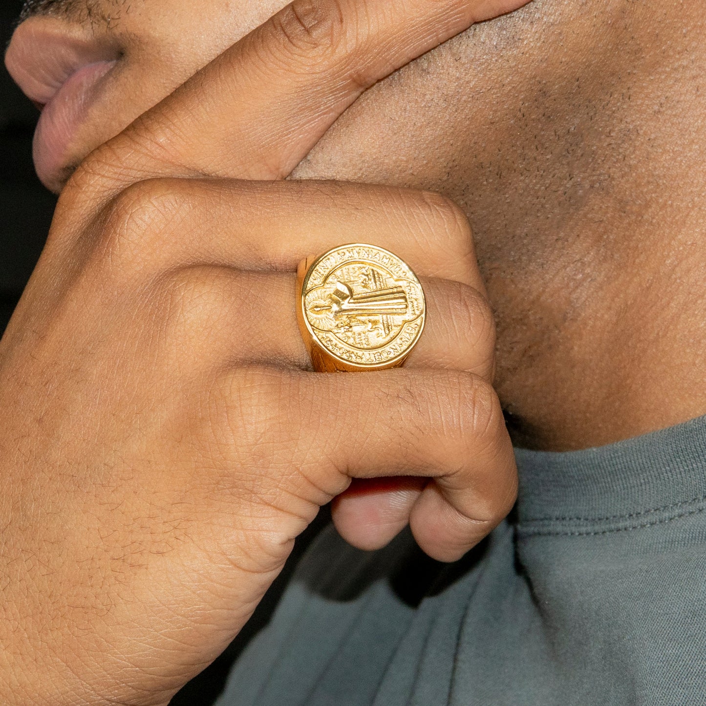 Mens Jewelry - Saint Gold Pinky Ring | 18 Grams