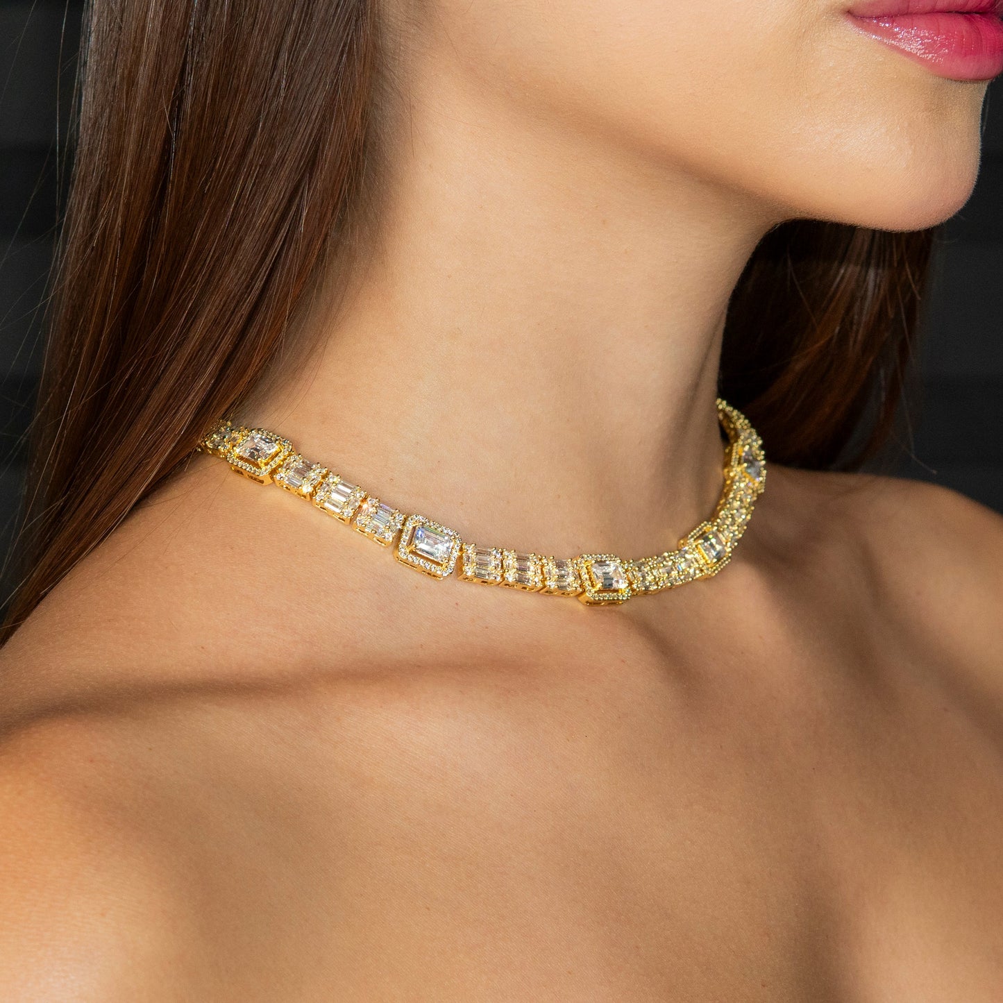 Gold Jewelry - Womens 14K Gold Iced Out VVS Cluster Baguette Chain