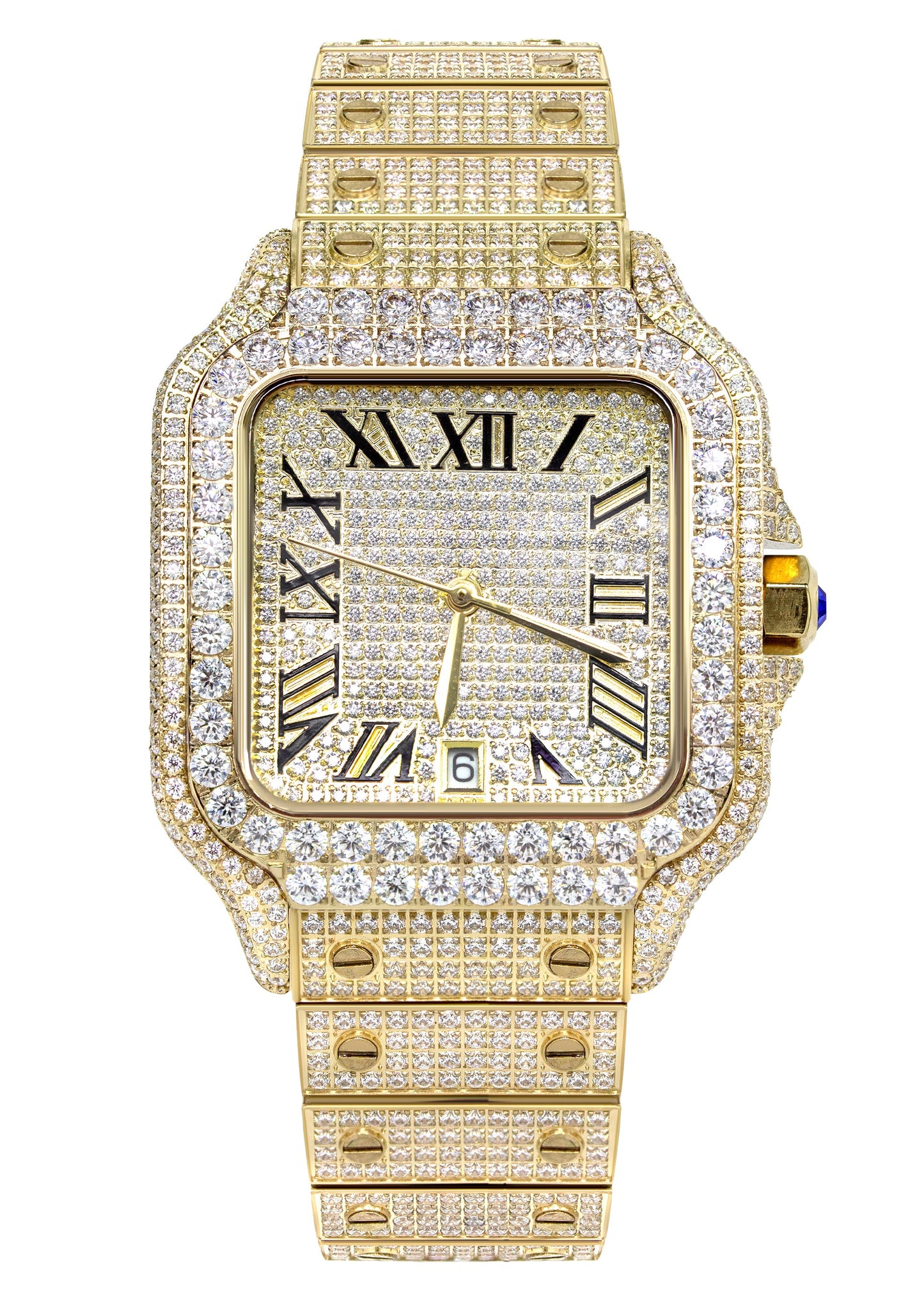 Mens Watch - Iced Out VVS Square Shape Roman Dial | Gold Stainless Steel Bust Down Watch