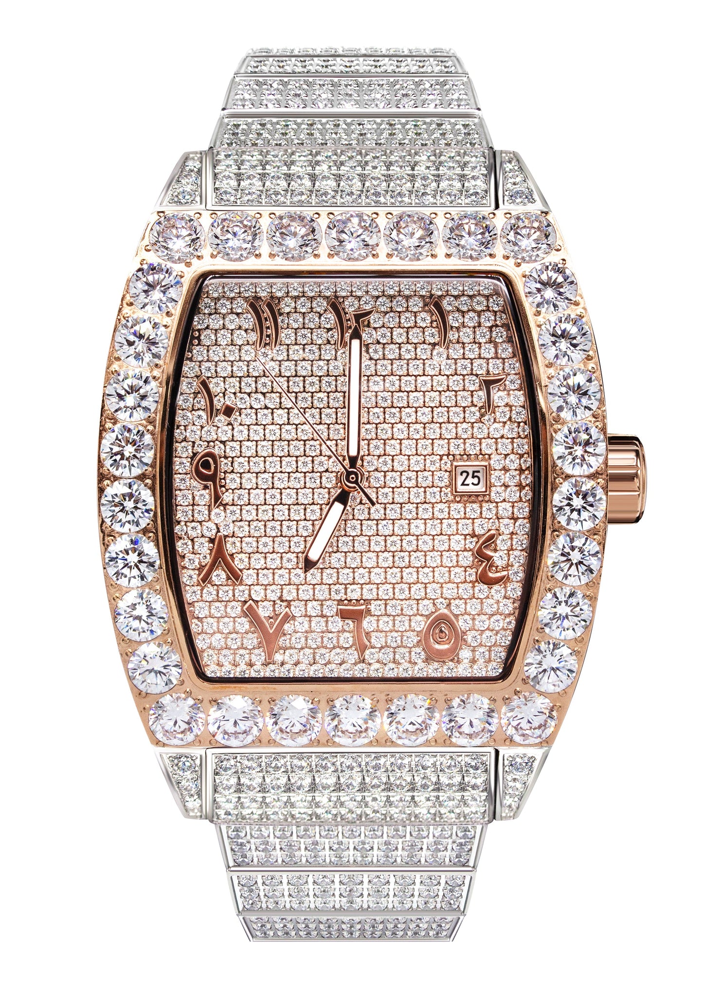 Mens Watch - Iced Out VVS Encrusted Two Tone Roman Dial Rose Gold Stainless Steel Bust Down Watch