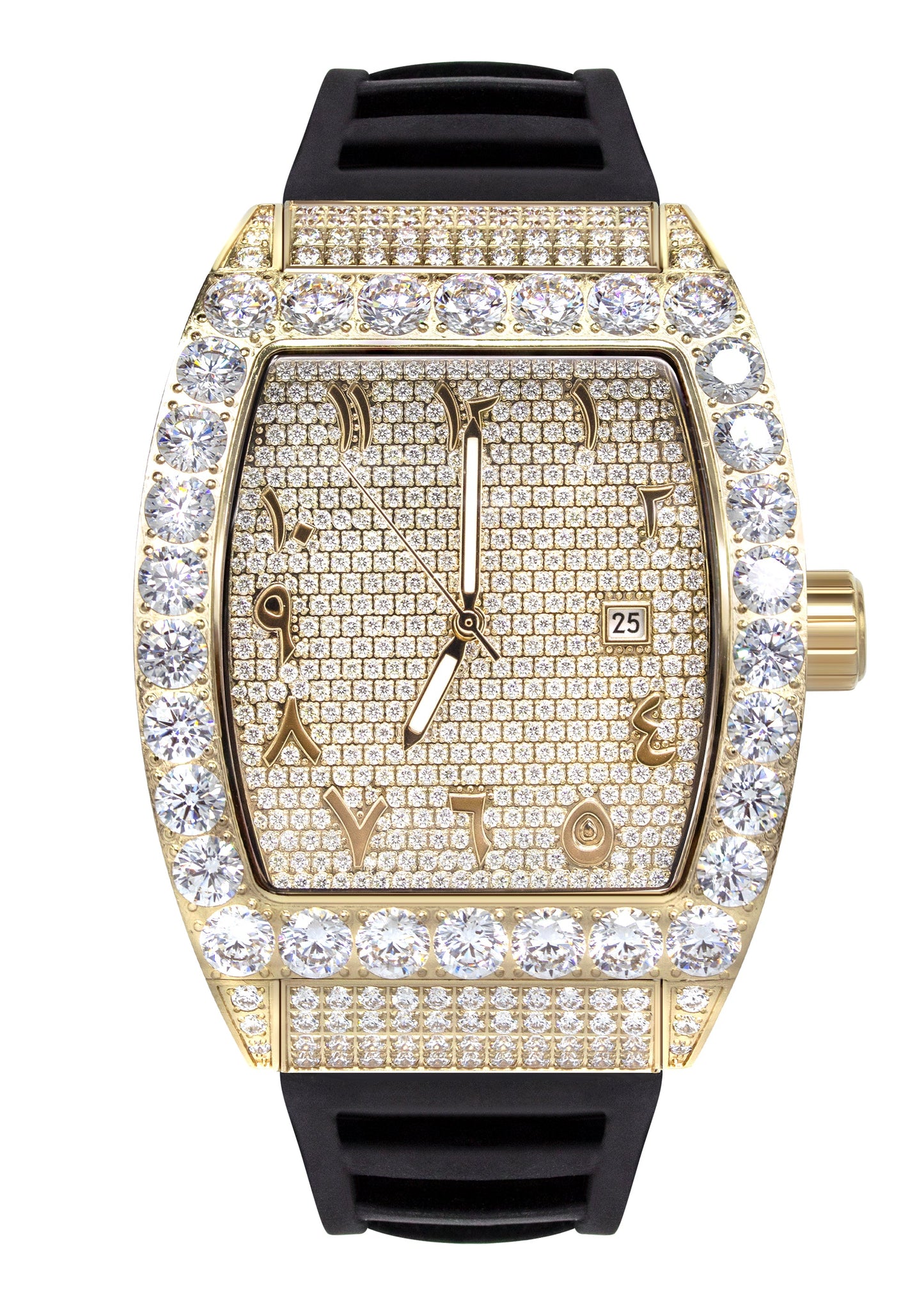 Mens Watch - Iced Out VVS Arabic Dial | Gold Steel Bust Down Watch Rubber Band