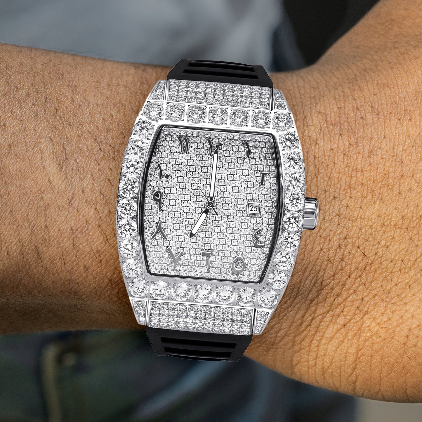 Mens Watch - Iced Out VVS Arabic Dial | Steel Bust Down Watch Rubber Band