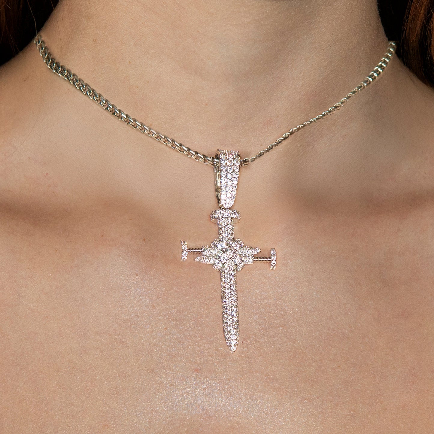 Womens Jewelry - 14K White Gold Iced Out VVS Cross Necklace | Appx. 19 Grams