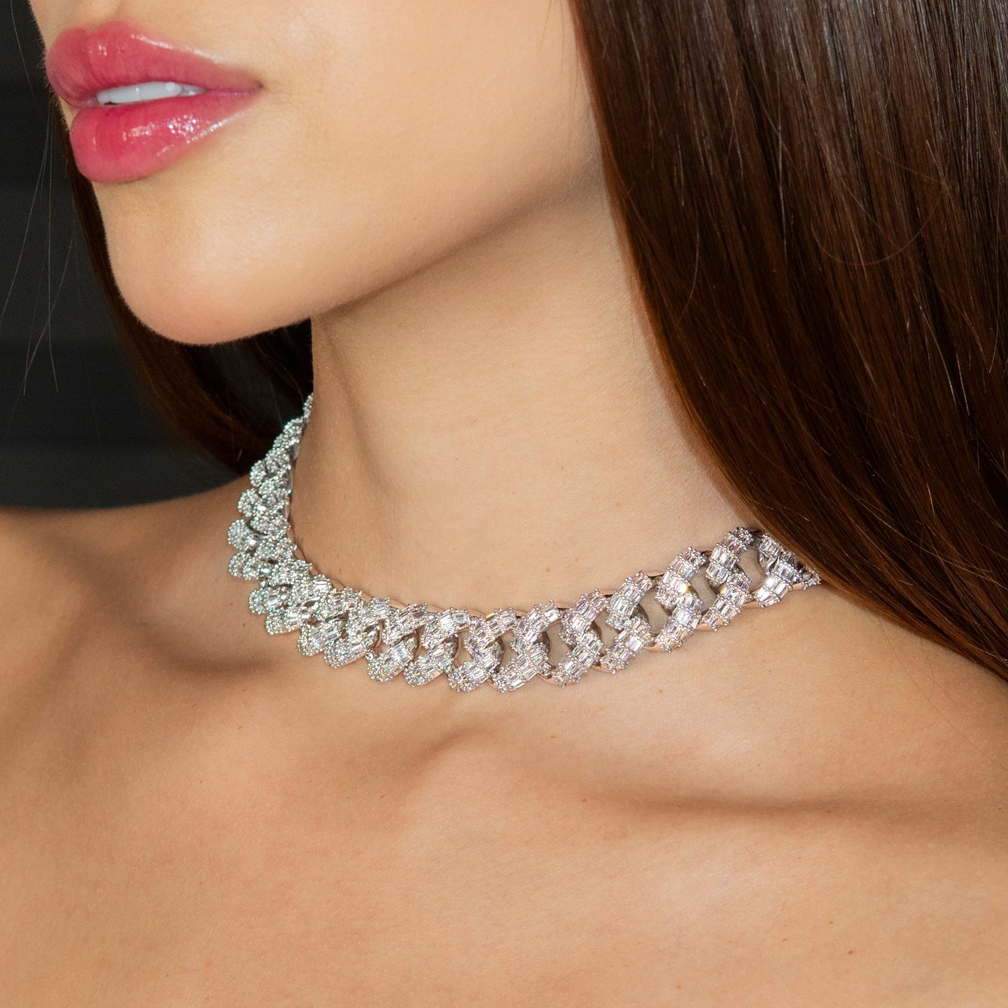 Gold Jewelry - Womens 14K White Gold Iced Out VVS Baguette Cuban Link Chain