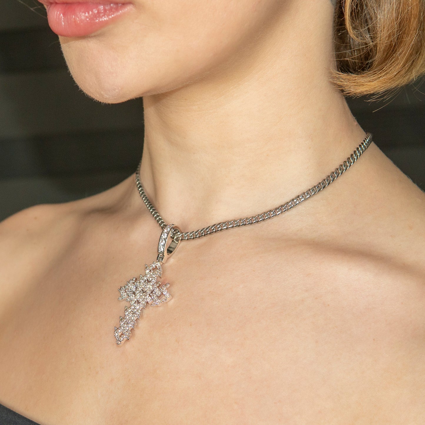 Womens Jewelry - Gold Iced Out VVS Spiked Cuban Cross Necklace | Appx. 17.4 Grams