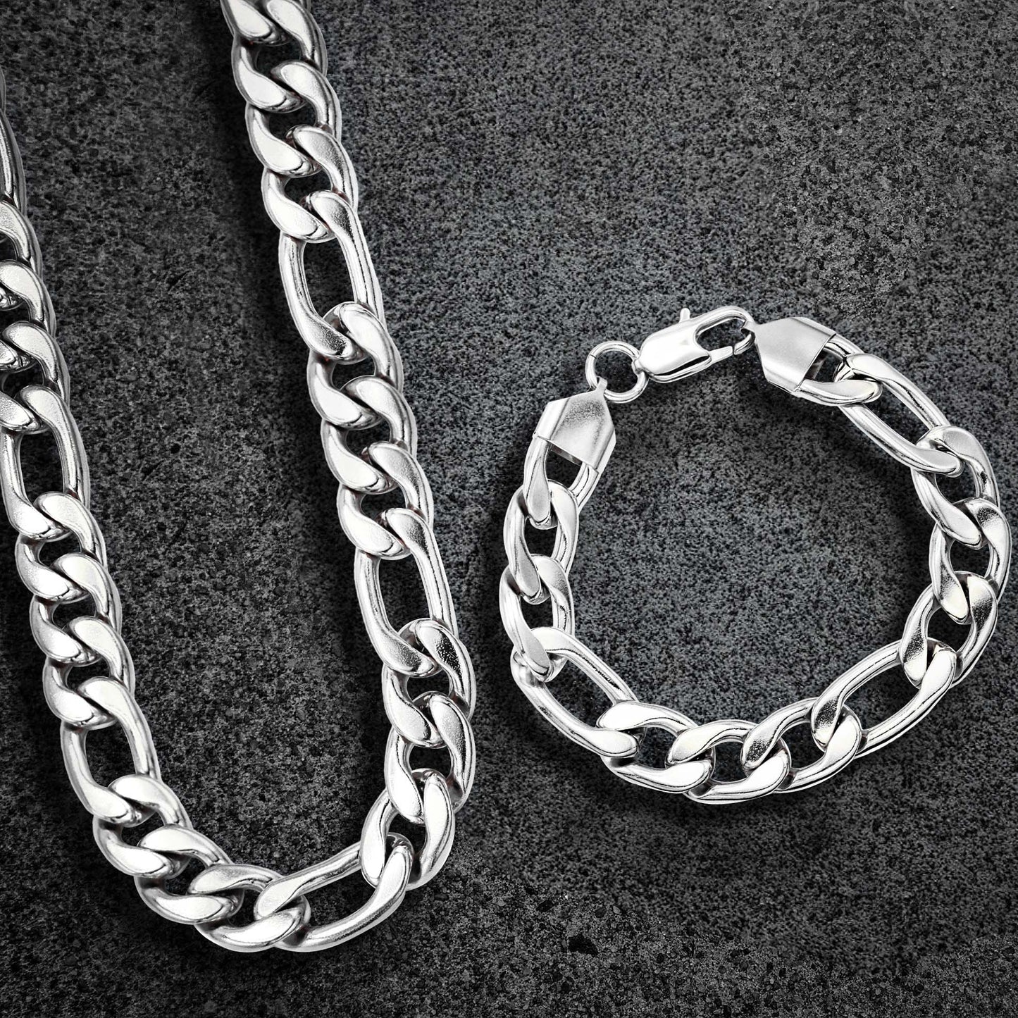 Mens Jewelry - Solid White Gold Figaro Chain & Bracelet