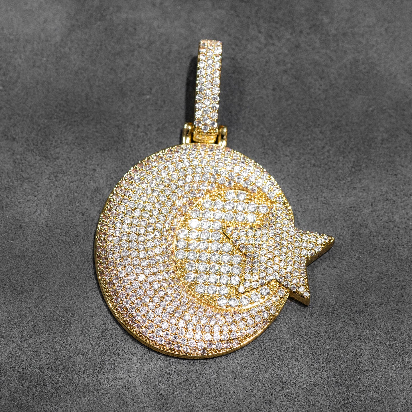 Mens Jewelry - Gold Iced Out VVS Moon Necklace | Appx. 37 Grams