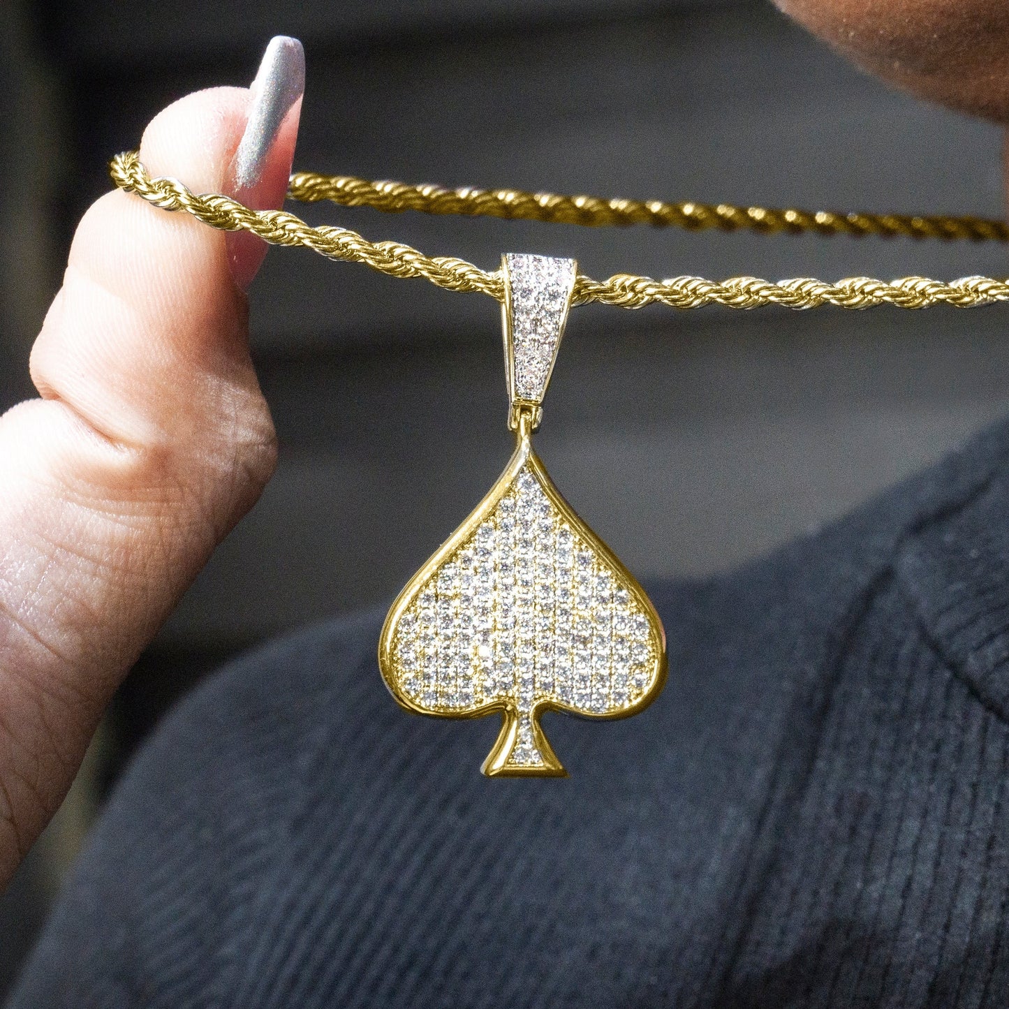 Womens 14K Gold Iced Out VVS Ace of Spades Necklace | Appx. 15.9 Grams