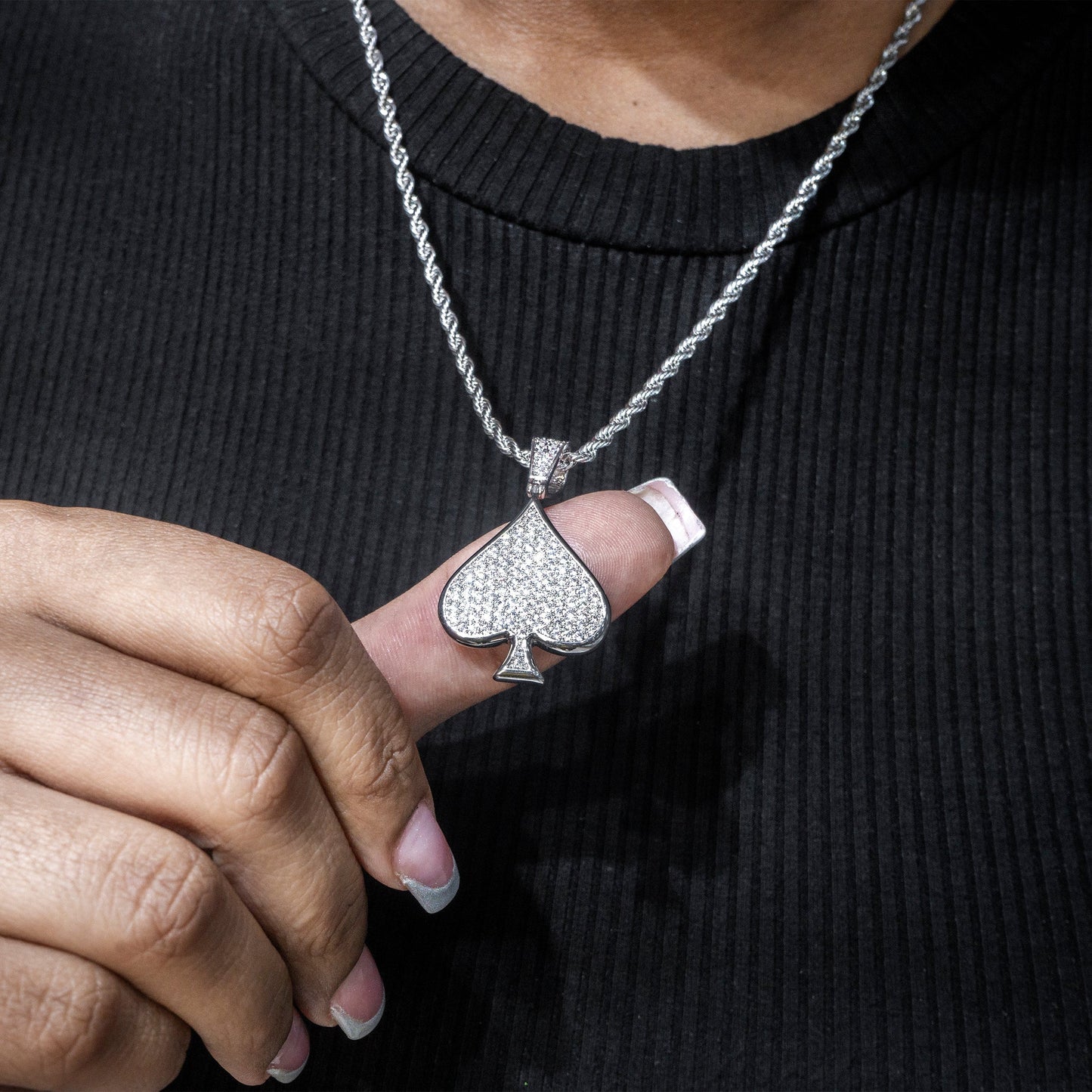 Womens Jewelry - 14K White Gold Iced Out VVS Ace of Spades Necklace | Appx. 15.9 Grams