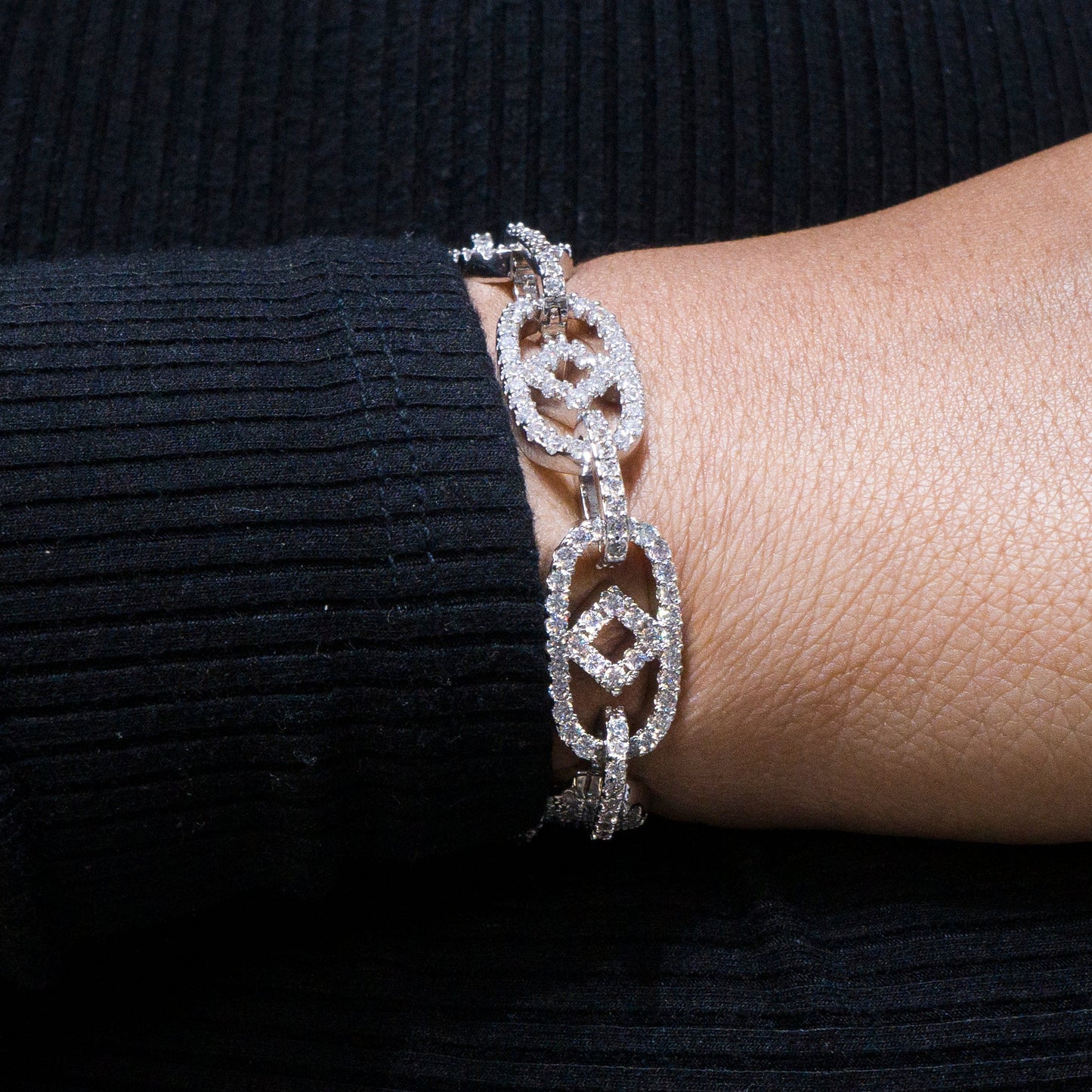 Womens Jewelry - 14K White Gold Iced Out VVS Box Oval Link Bracelet