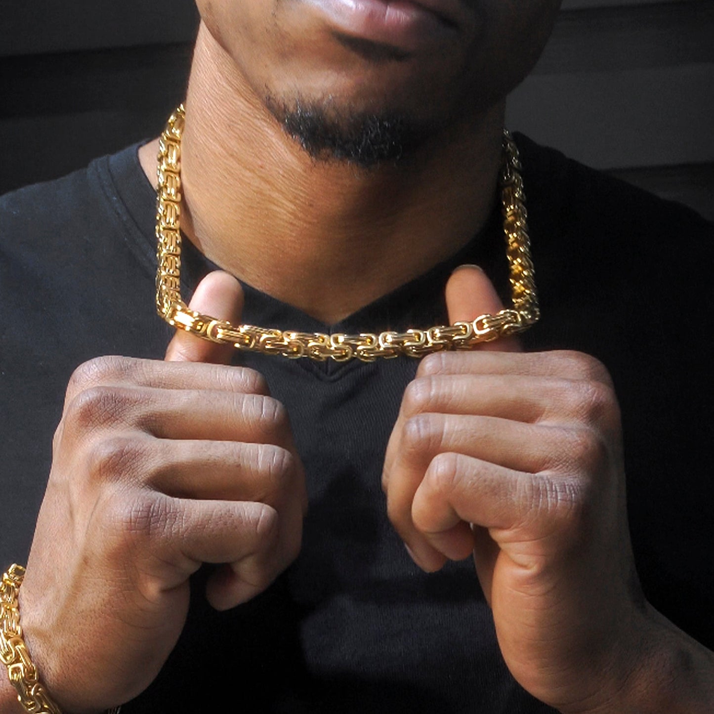 Mens Jewelry - Mens 14K Gold Byzantine Chain & Bracelet