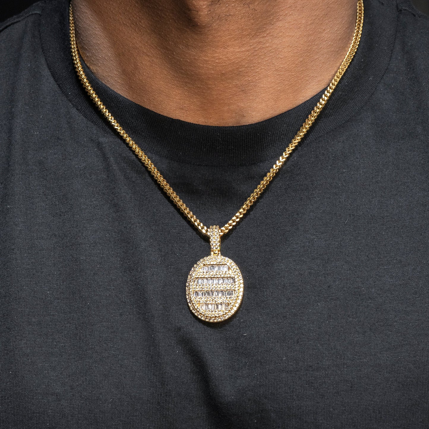 Mens Jewelry - Gold Iced Out VVS Oval Baguette Dog Tag Necklace | Appx. 17.4 Grams