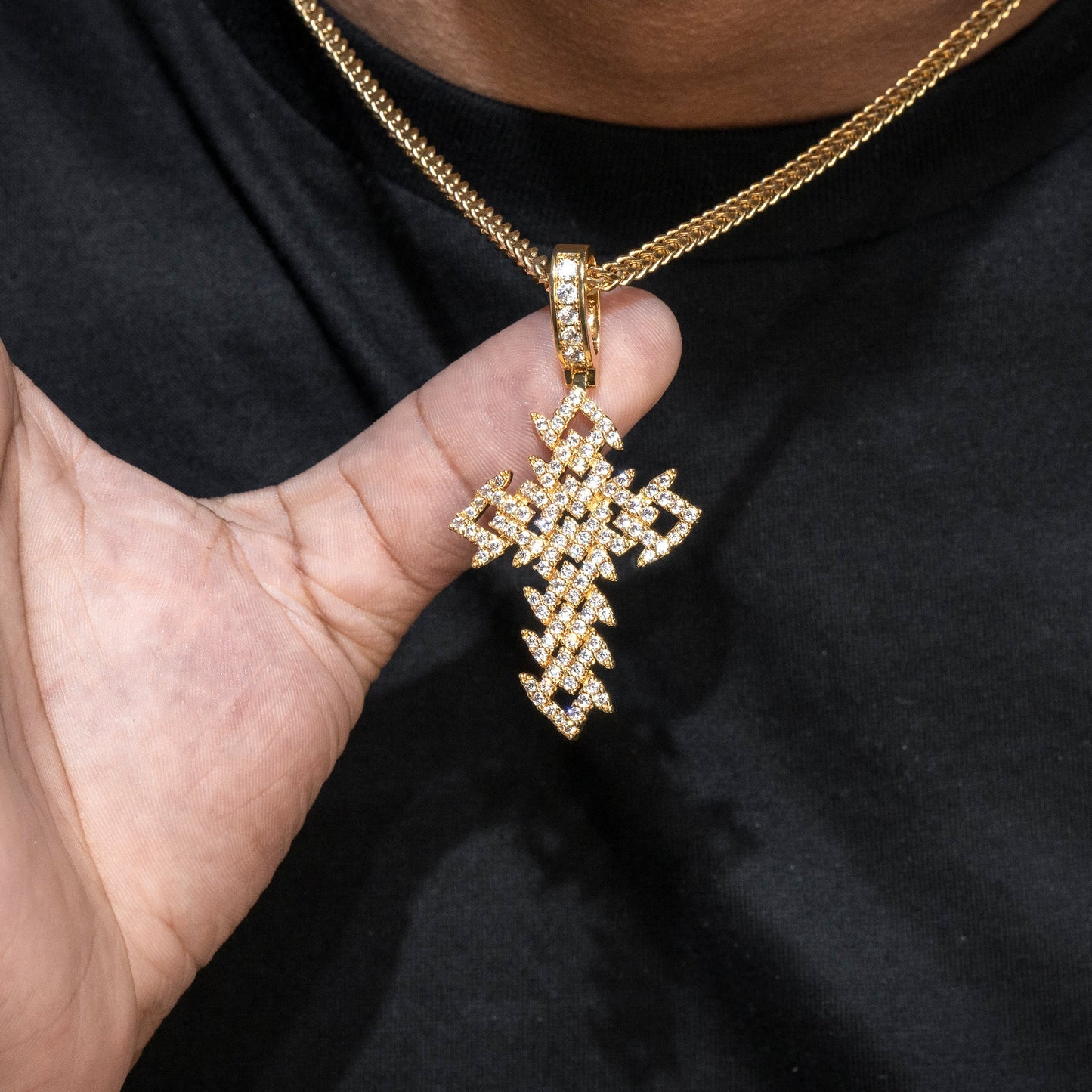 Mens Jewelry - Gold Iced Out VVS Spiked Cuban Cross Necklace | Appx. 17.4 Grams