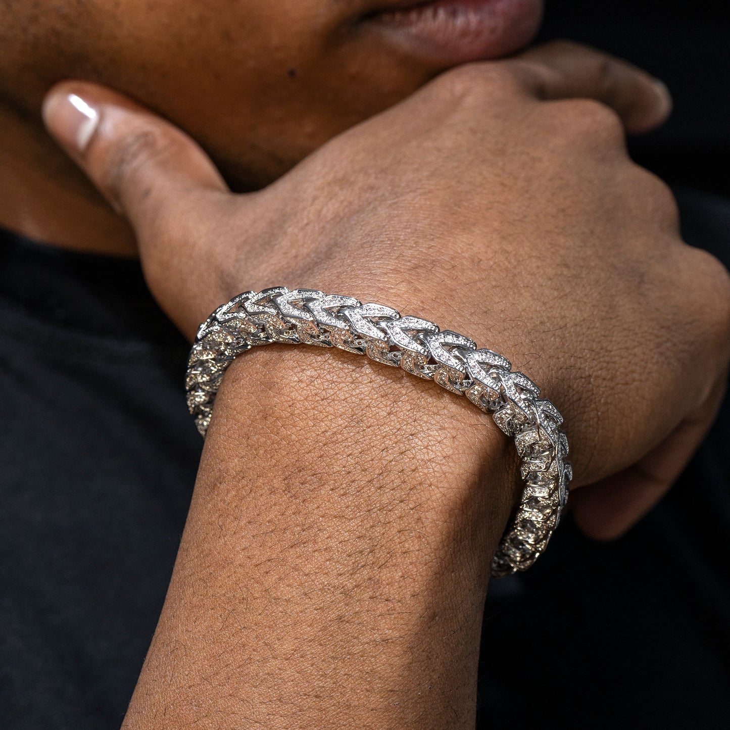 Gold Jewelry - Mens 14K White Gold Iced Out VVS Solid Franco Bracelet