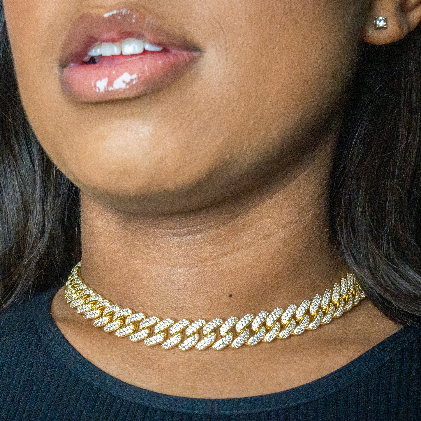 Womens Jewelry - 14K Gold Iced Out VVS Chain Miami Cuban Link