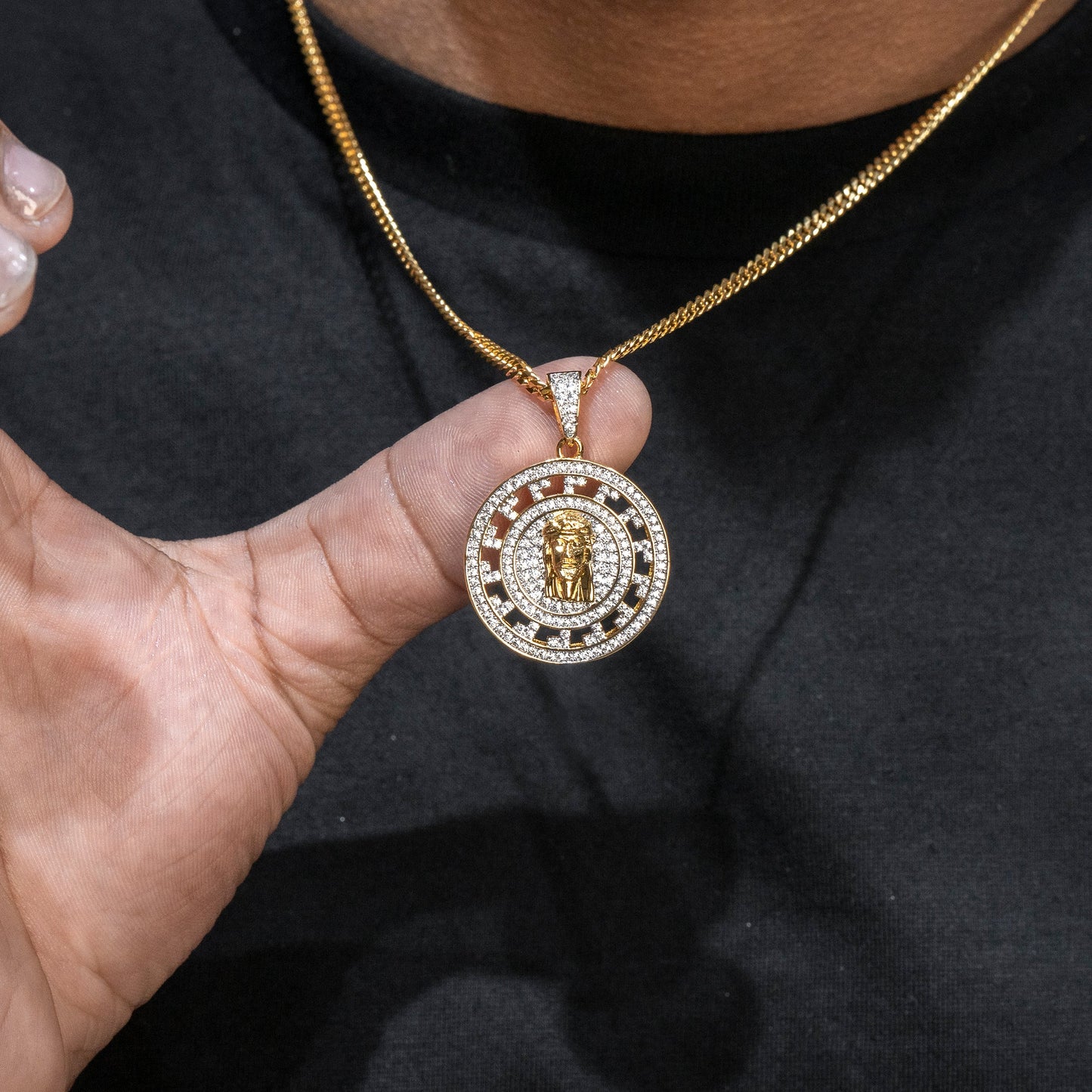 Mens Jewelry - Gold Iced Out VVS Meander Jesus Head Necklace | Appx. 19.9 Grams