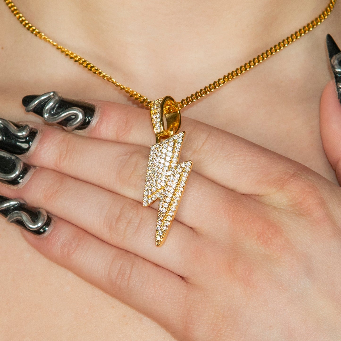 Womens Jewelry - Gold Iced Out VVS Lightning Bolt Necklace | Appx. 18 Grams