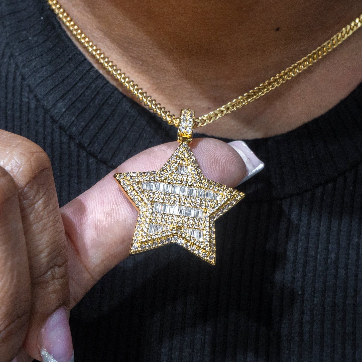 Womens Jewelry - 14K Gold Iced Out VVS Star Baguette Necklace | Appx. 18 Grams