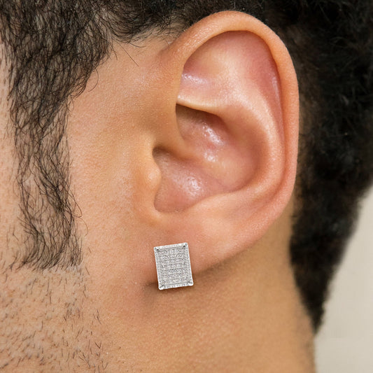 Mens Jewelry - Silver Micro Pave Rectangle Iced Out VVS Stud Earrings for Men | Appx. 3 Grams