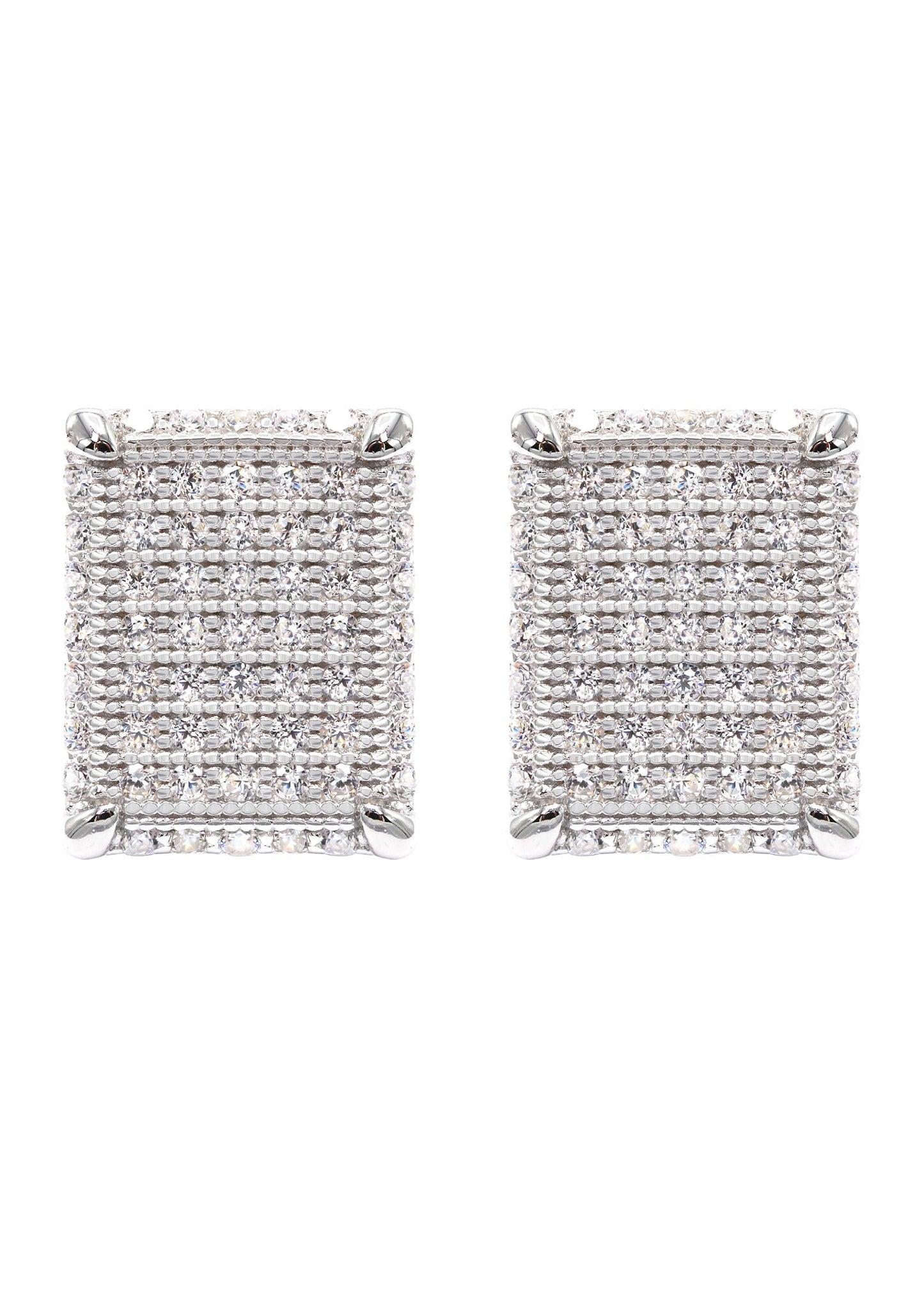 Mens Jewelry - Silver Micro Pave Rectangle Iced Out VVS Stud Earrings for Men | Appx. 3 Grams
