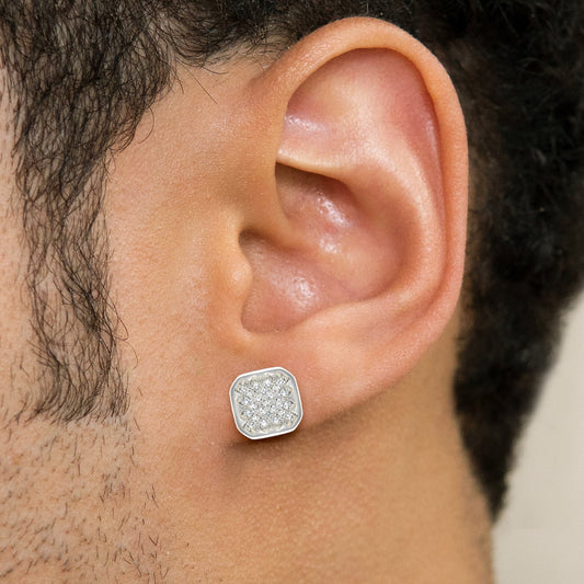 Mens Jewelry - Silver Micro Pave Sun Square Iced Out VVS Stud Earrings for Men | Appx. 3 Grams
