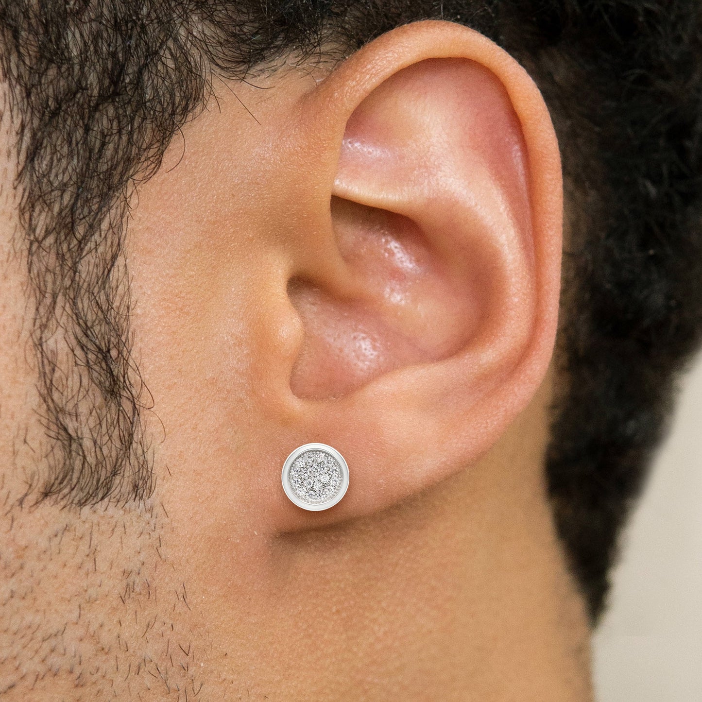Mens Jewelry - Silver Micro Pave Circle Iced Out VVS Stud Earrings for Men | Appx. 3 Grams