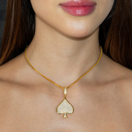 Womens Jewelry - Gold Iced Out VVS Ace of Spades Necklace | Appx. 15.9 Grams