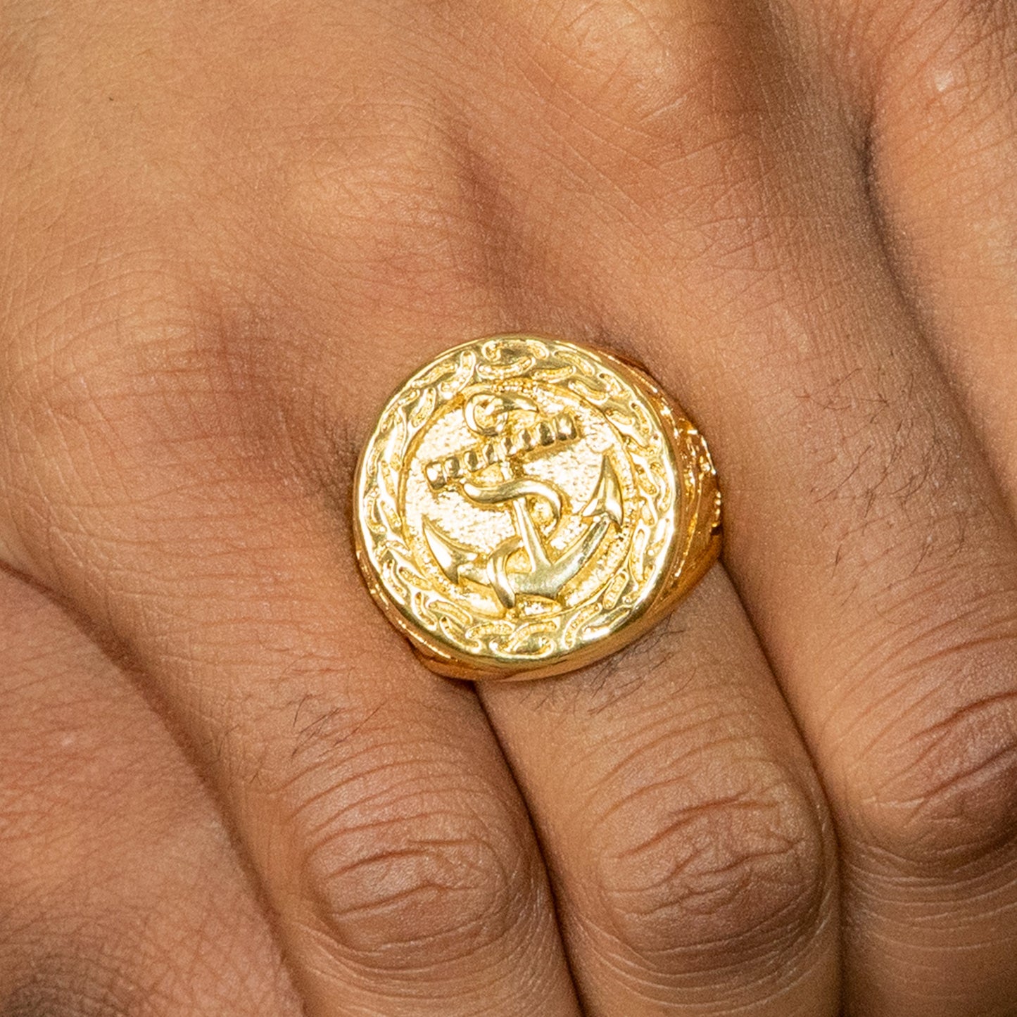 Mens Jewelry - Round Anchor Gold Pinky Ring | 20 Grams