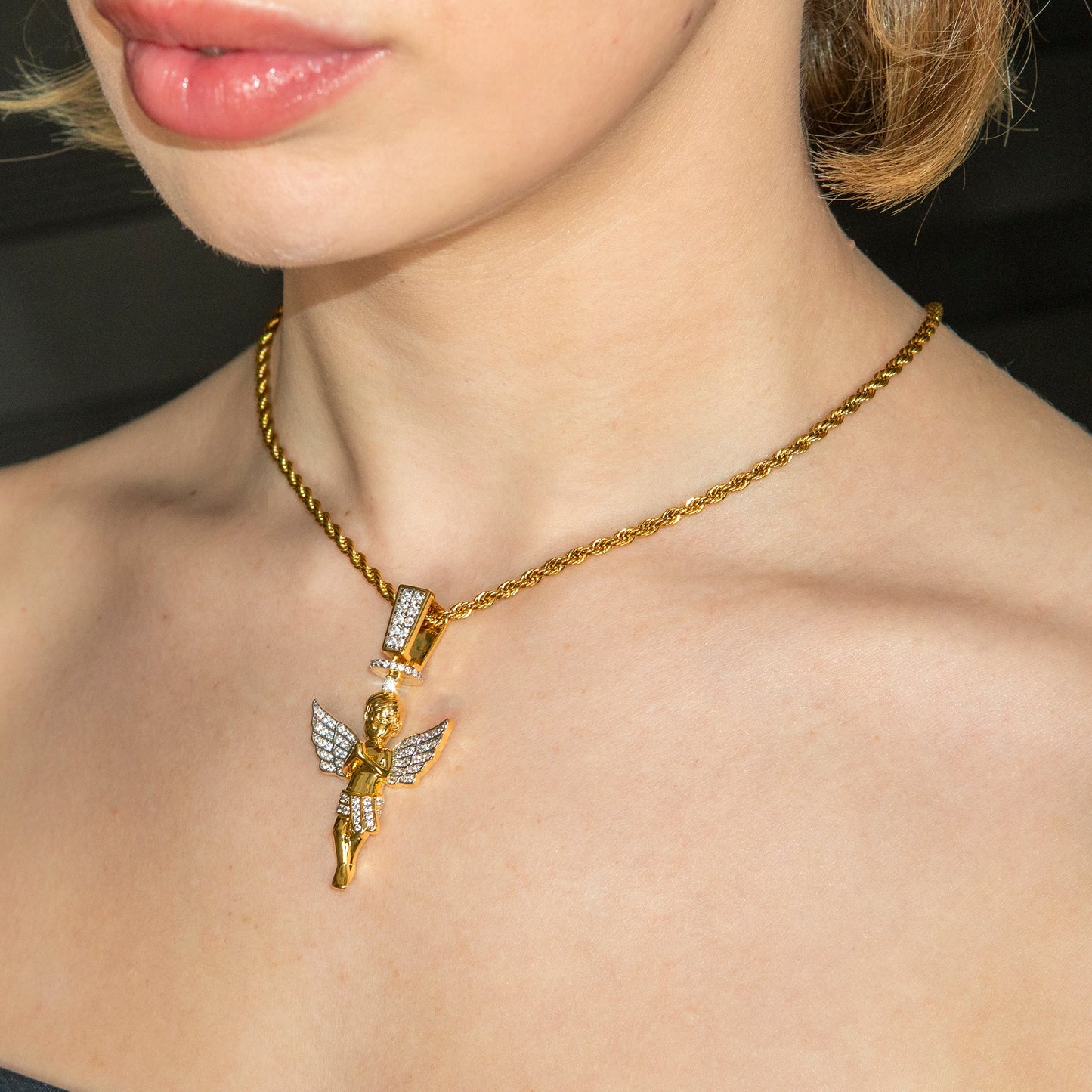 Womens Jewelry - Gold Iced Out VVS Angel Necklace | Appx. 16.3 Grams