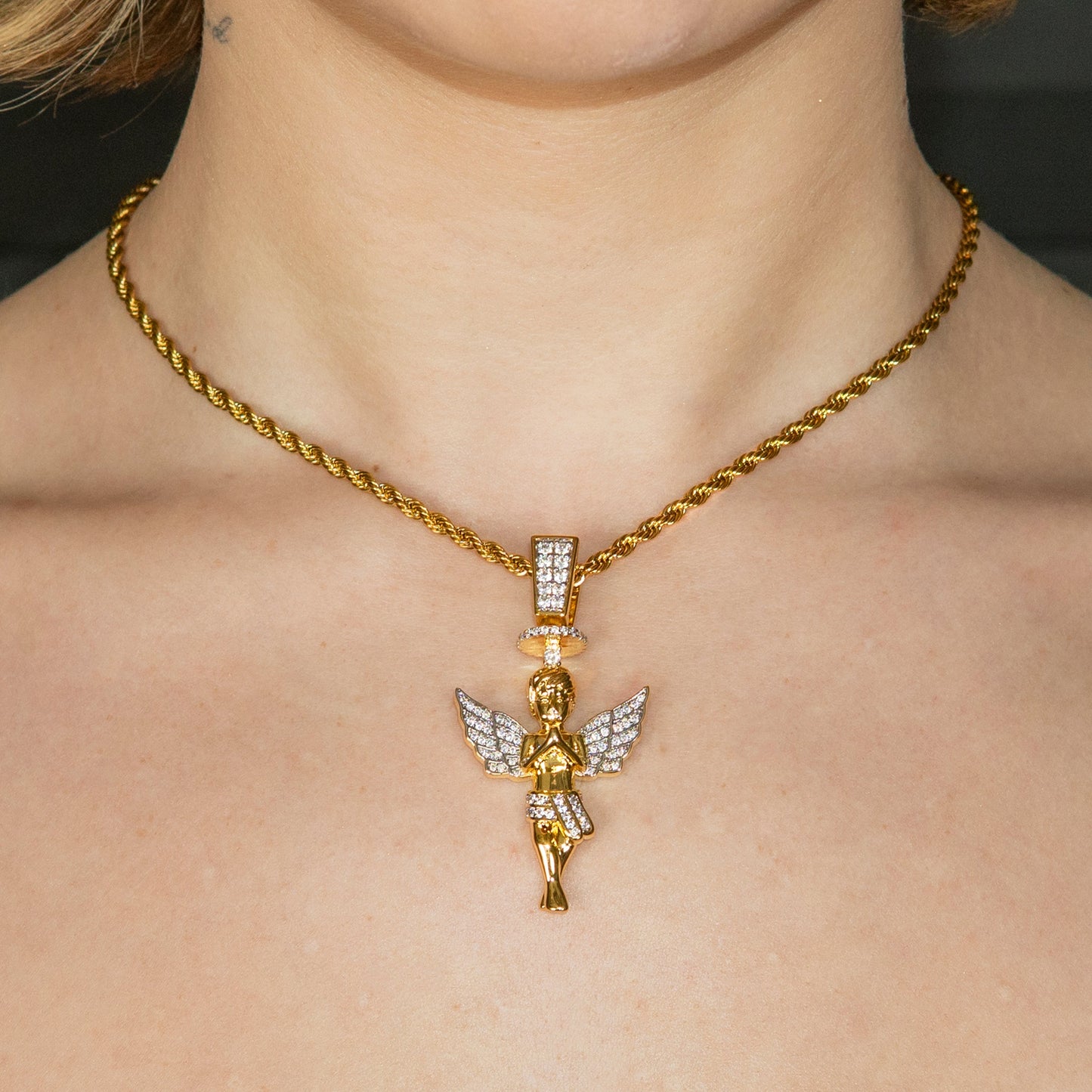 Womens Jewelry - Gold Iced Out VVS Angel Necklace | Appx. 16.3 Grams