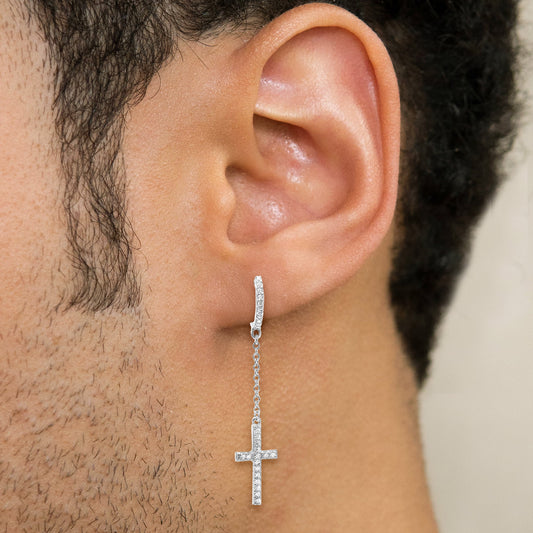 Mens Jewelry - Silver Cross Wire Dangling Iced Out VVS Hoop Earrings for Men | Appx. 2.5 Grams