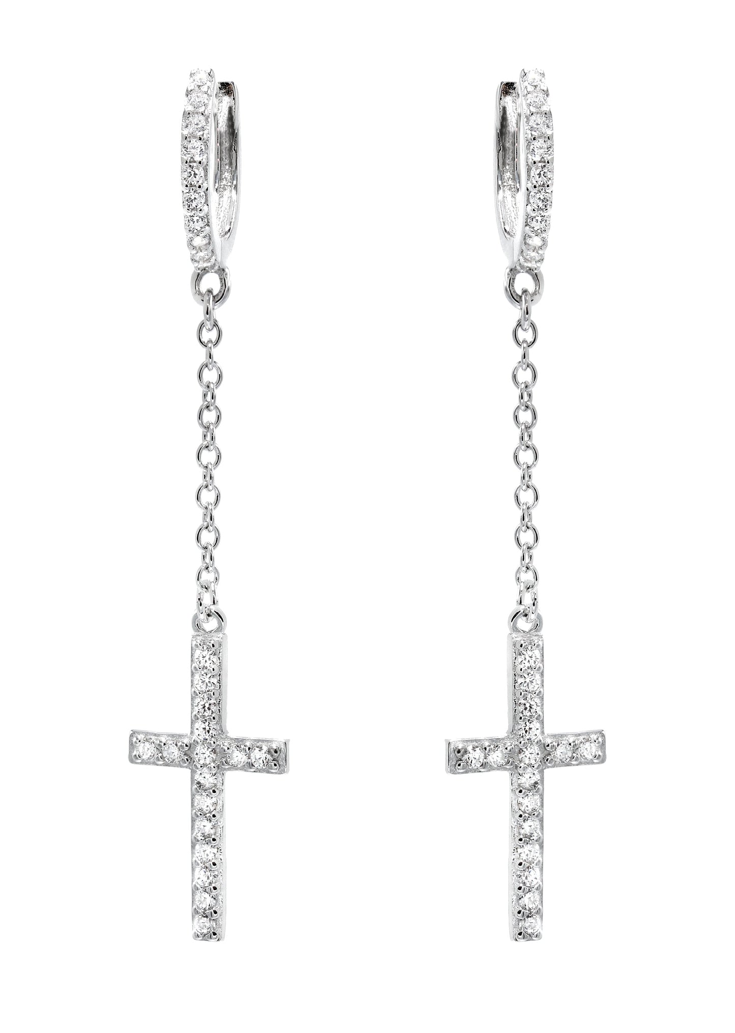 Mens Jewelry - Silver Cross Wire Dangling Iced Out VVS Hoop Earrings for Men | Appx. 2.5 Grams